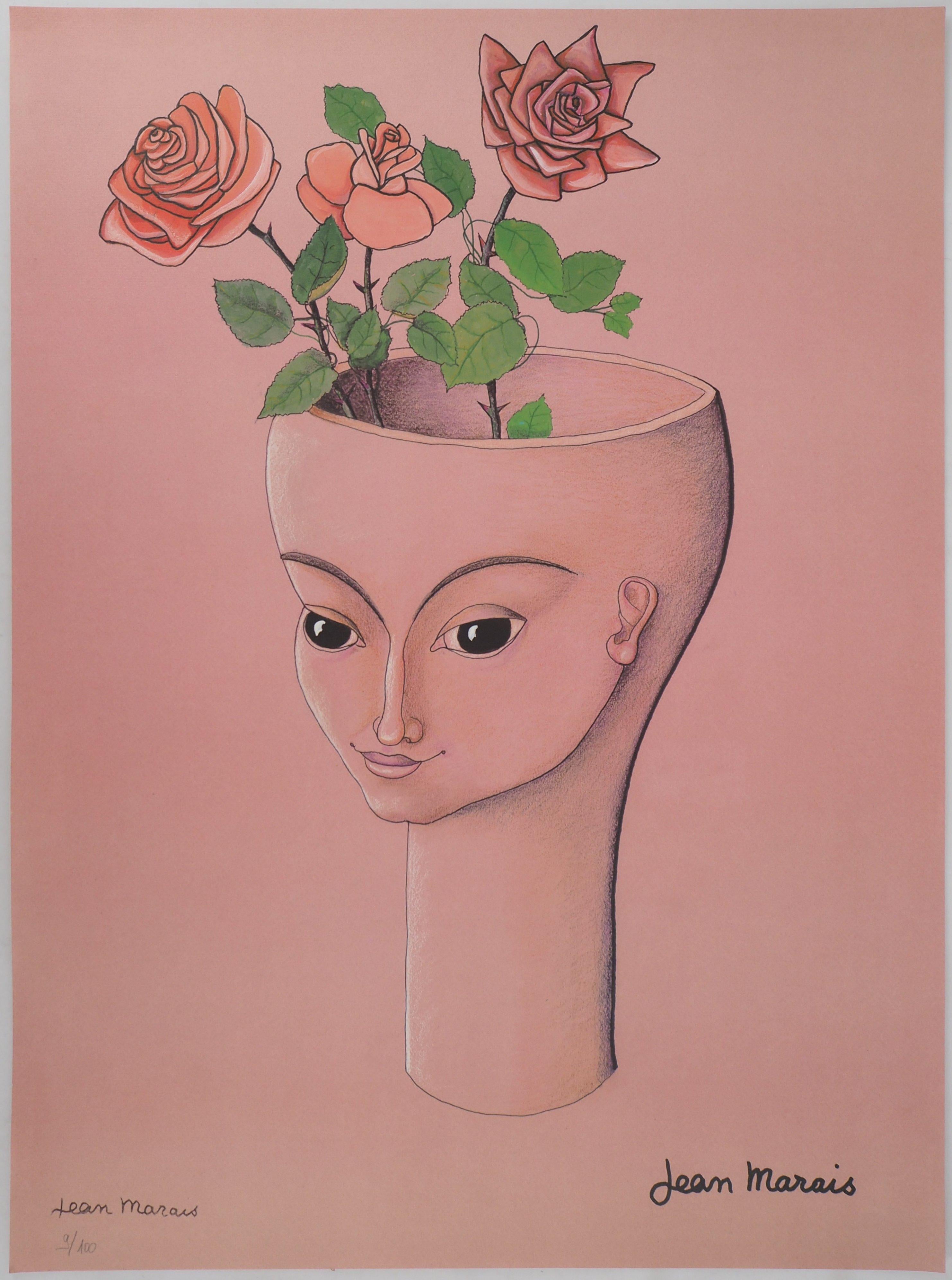 Jean Marais Portrait Print - Woman with Three Roses - Lithograph - Numbered / 100