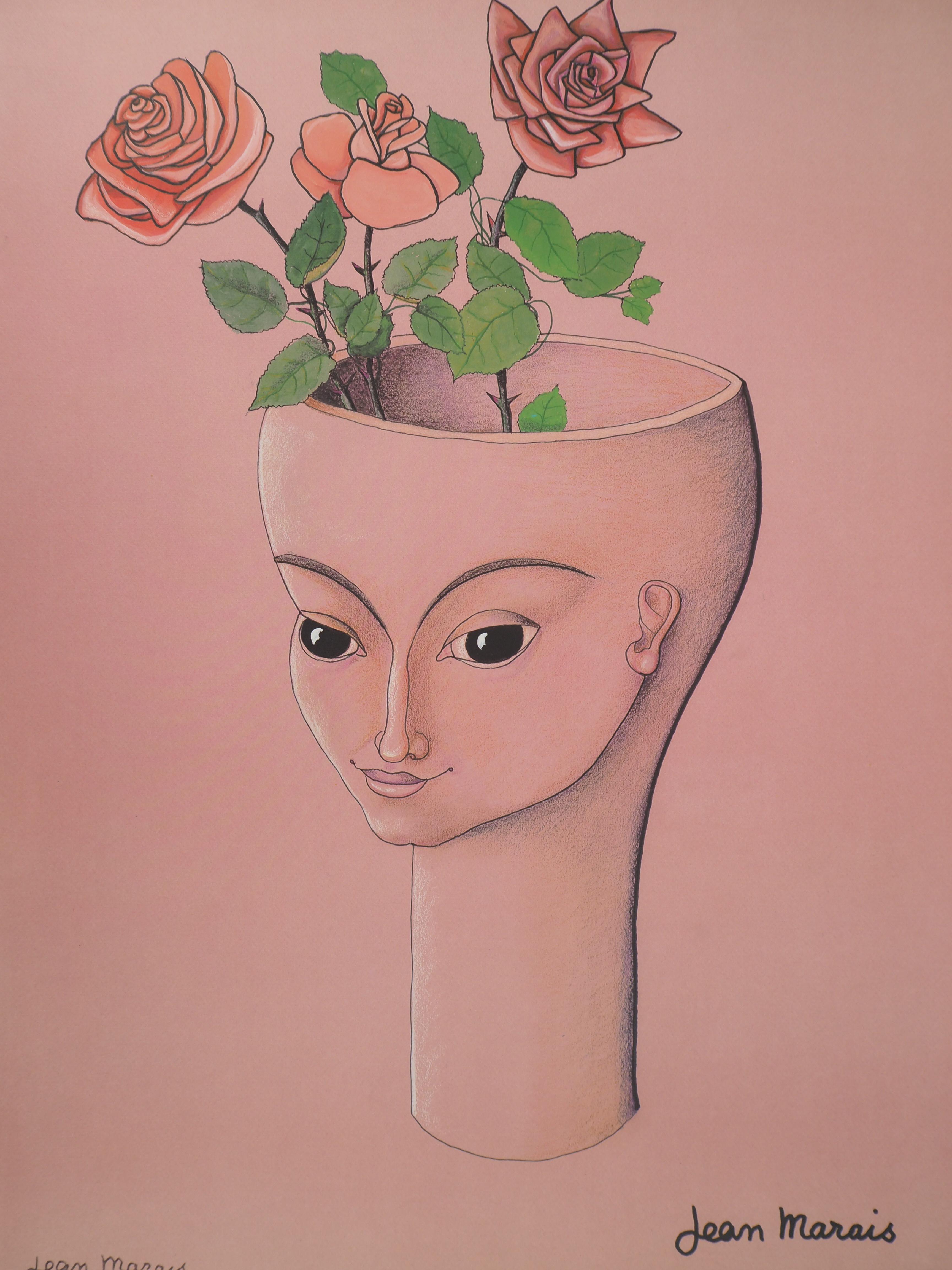 Woman with Three Roses - Lithograph - Numbered / 100 - Surrealist Print by Jean Marais