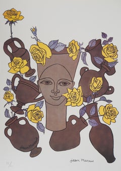 Femme, fleurs et poteries - Lithographie - Numérotée / 100