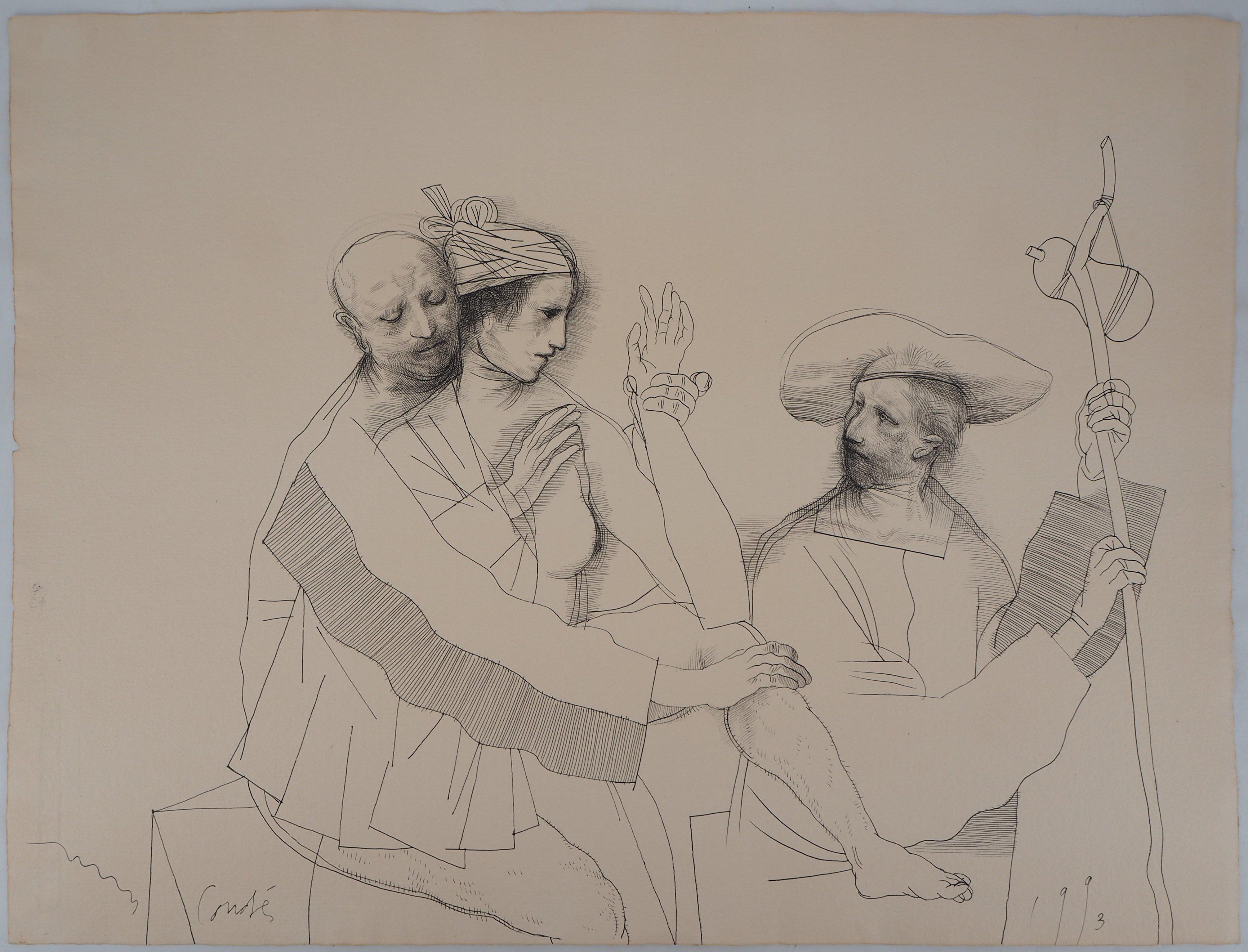 Figurative Art de Miguel Conde - Amantes y Peregrinos - Dibujo original a tinta, Firmado a mano