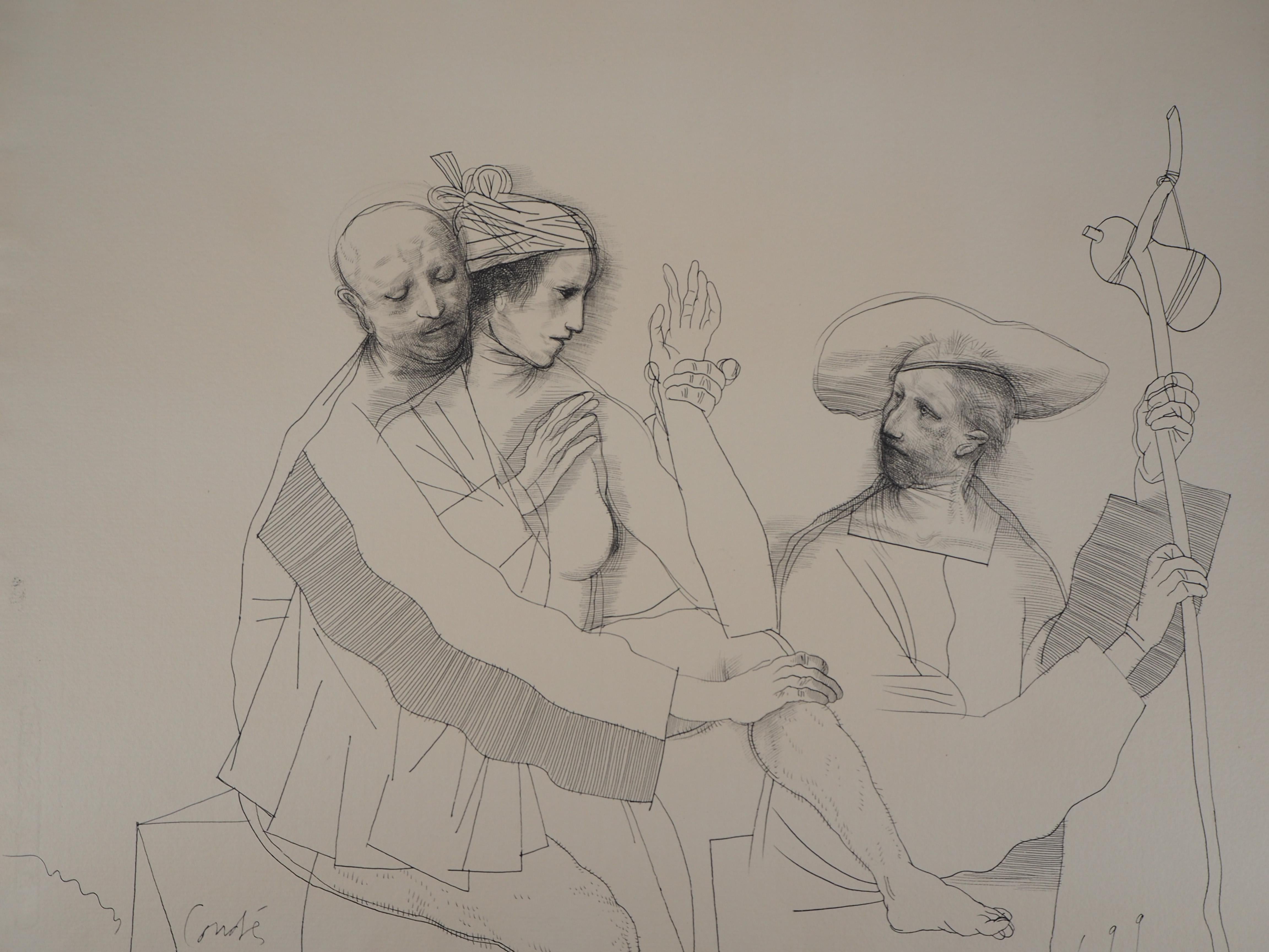 Lovers and Pilgrim - Original ink drawing, Handsigned - Modern Art by Miguel Conde