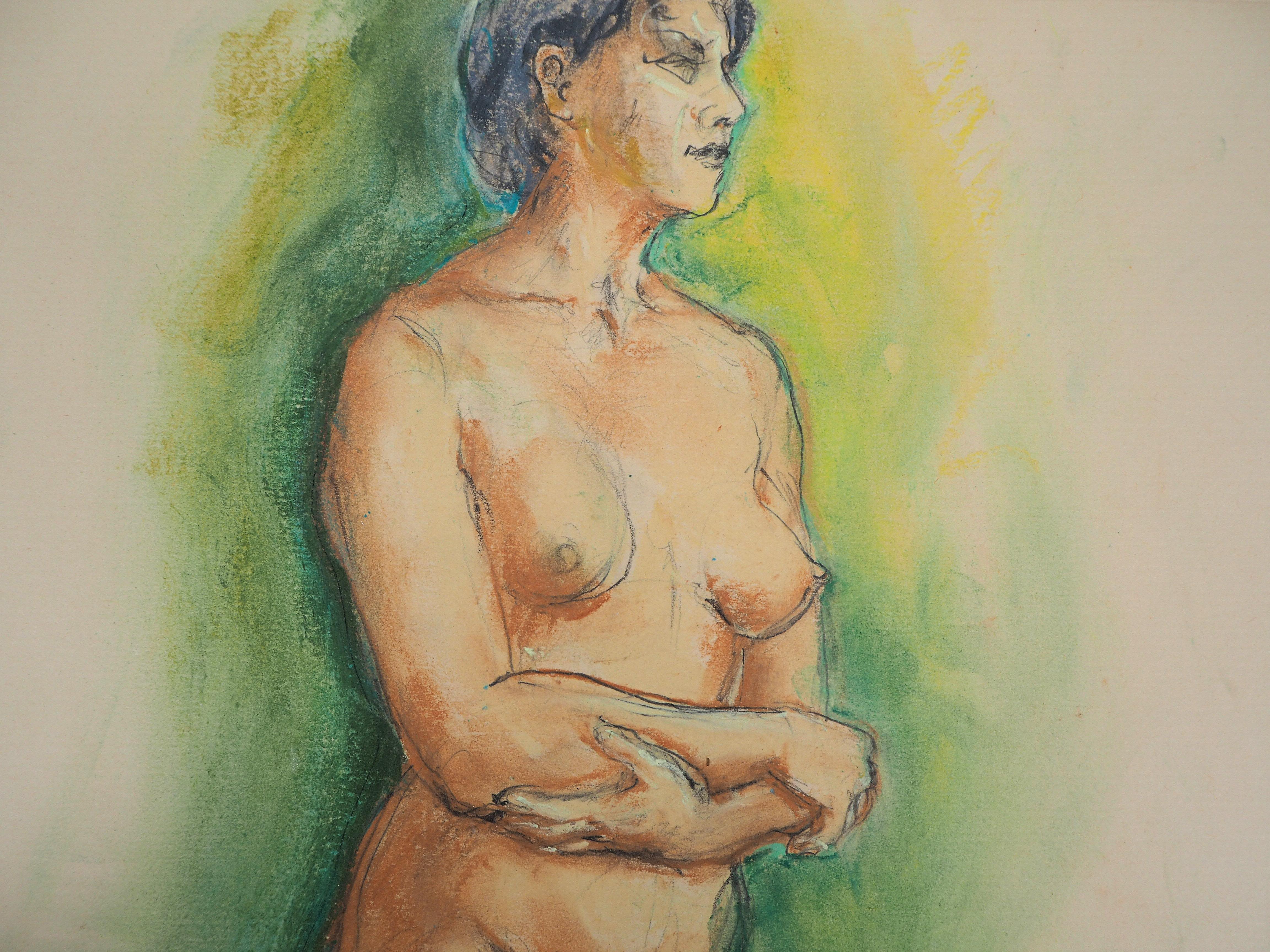 Gaston COPPENS (1909 - 2002)
Dreaming Nude

Original pastel drawing
Hand signed (with the monogram)
Stamp of the artist on the back
On wove paper 40 x 33 cm (c 15.7 x 12.9 inch)

Excellent condition

Gaston Coppens studied sculpture in the