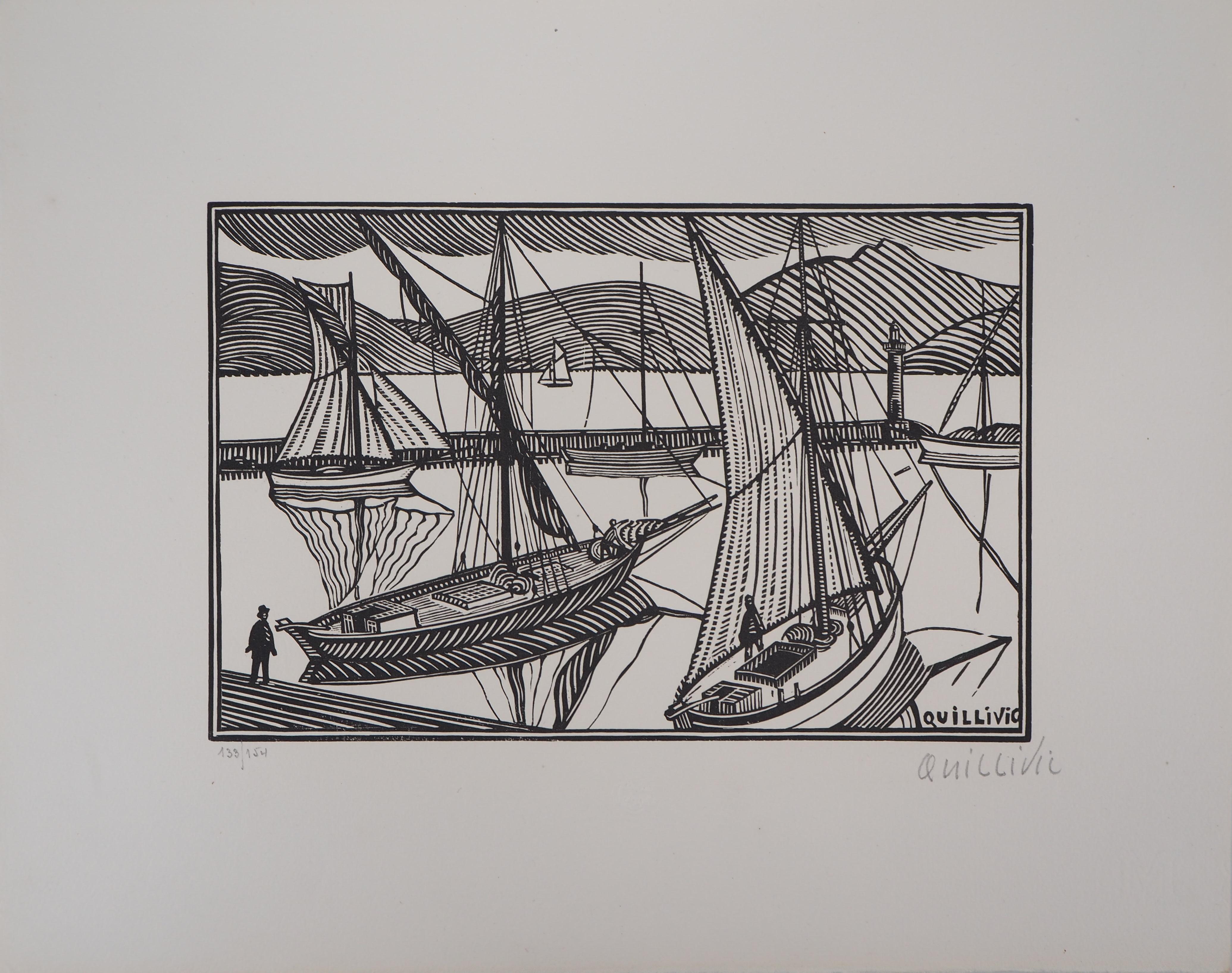 Britische Bretagne: Boote am Hafen – Original-Wollschnitt, handsigniert (Moderne), Print, von René Quillivic