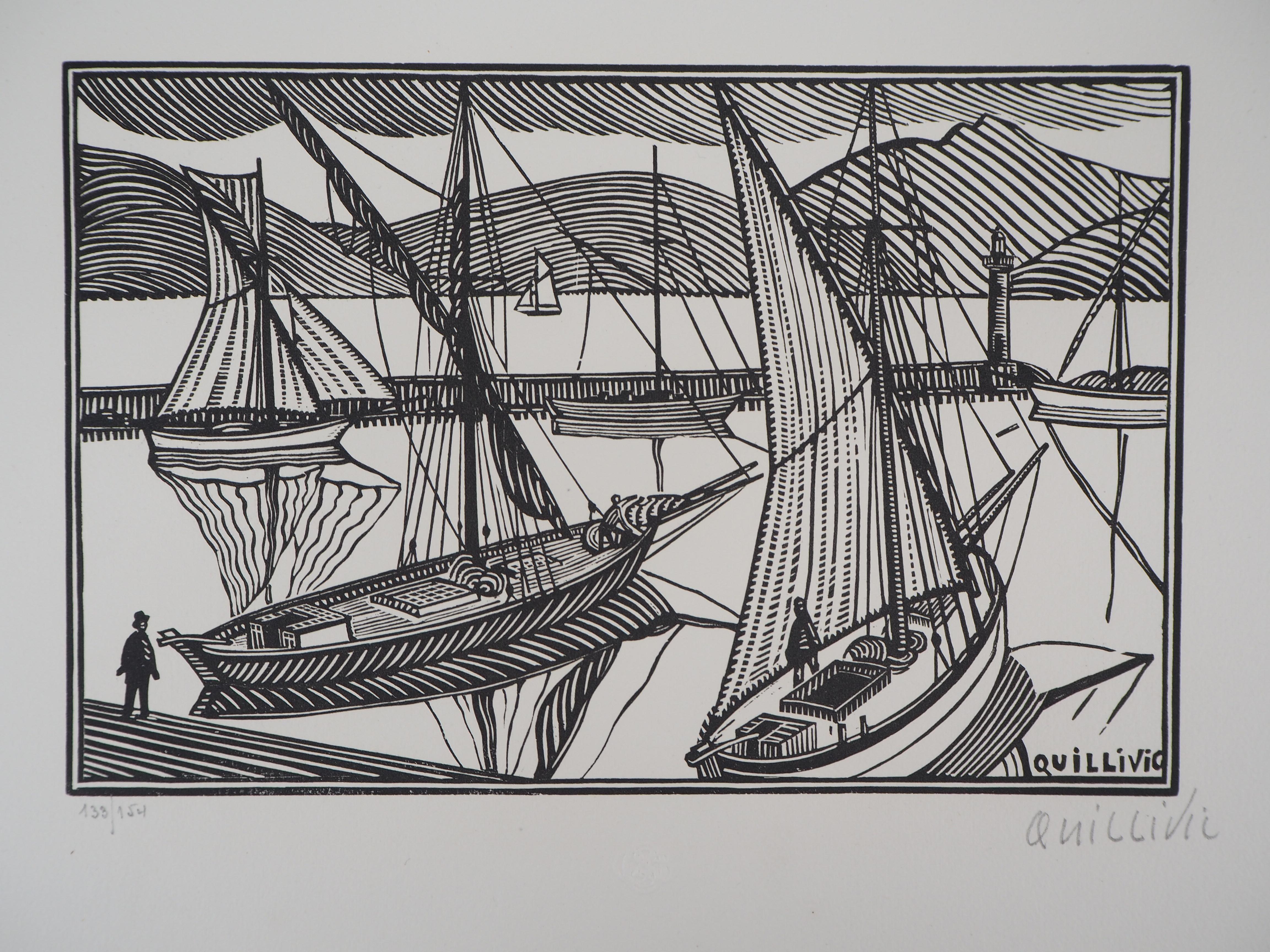 René Quillivic Landscape Print – Britische Bretagne: Boote am Hafen – Original-Wollschnitt, handsigniert