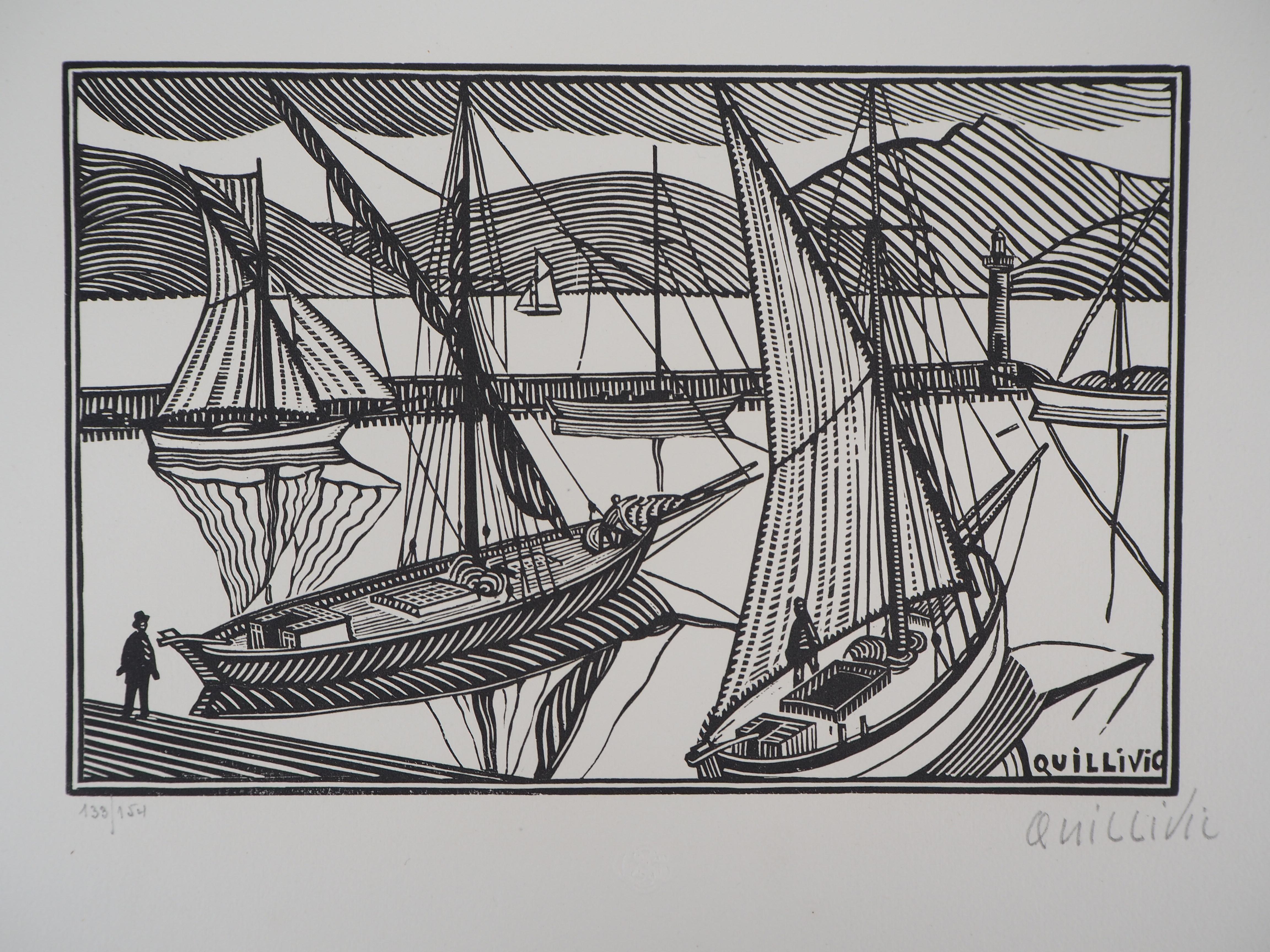 René Quillivic Landscape Print – Britische Bretagne: Boote am Hafen – Original-Wollschnitt, handsigniert