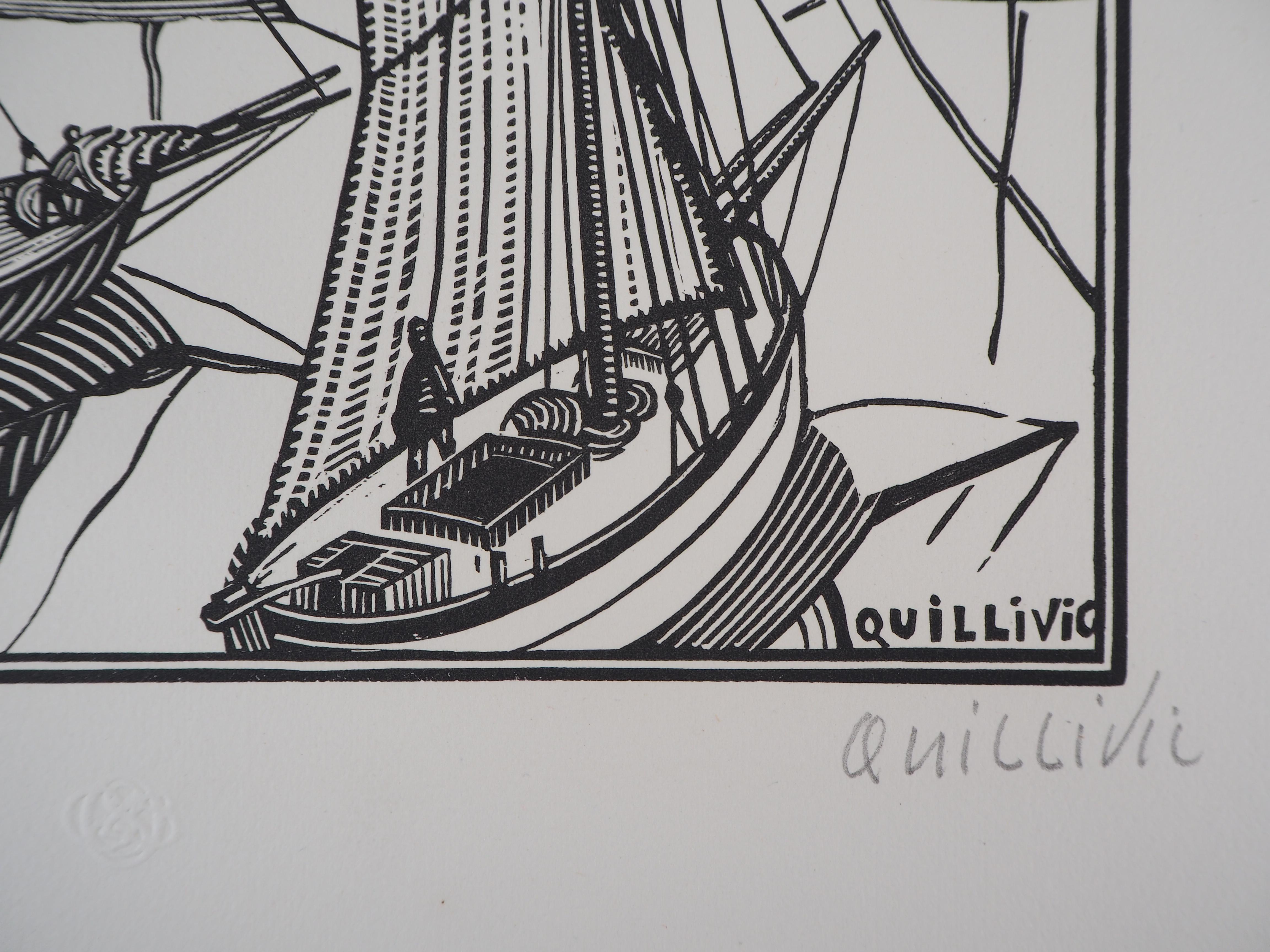 Britische Bretagne: Boote am Hafen – Original-Wollschnitt, handsigniert – Print von René Quillivic