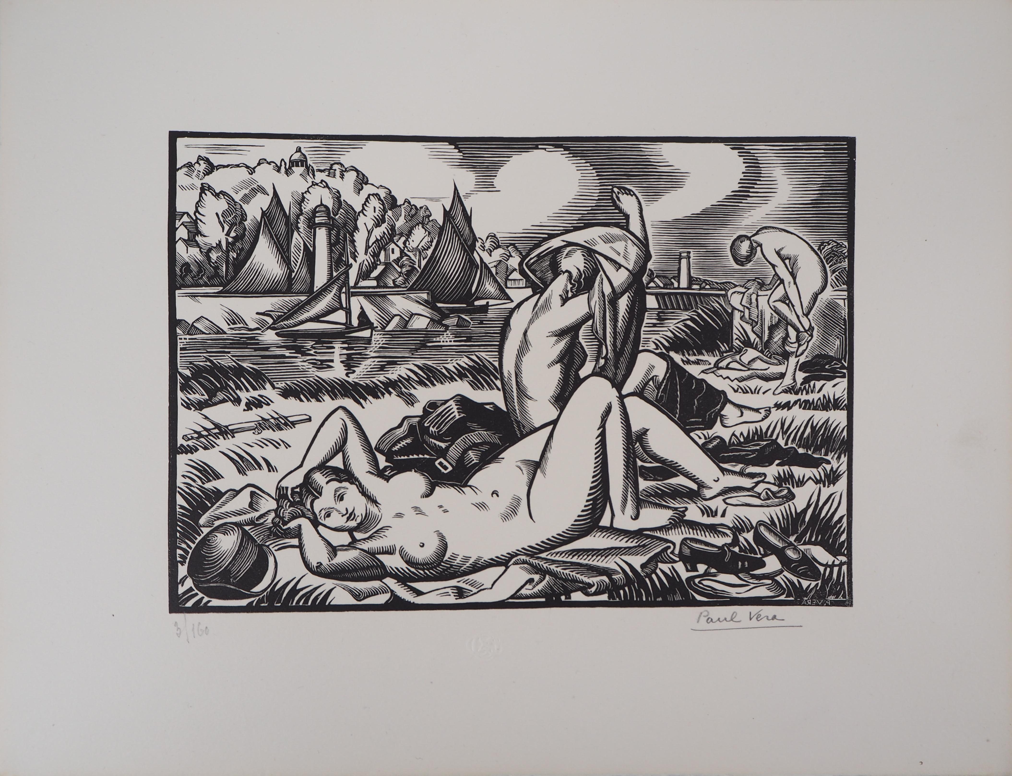 Homenaje a Cezanne : Las Bañistas - Grabado original, Firmado a mano - Print Art Decó de Paul Vera