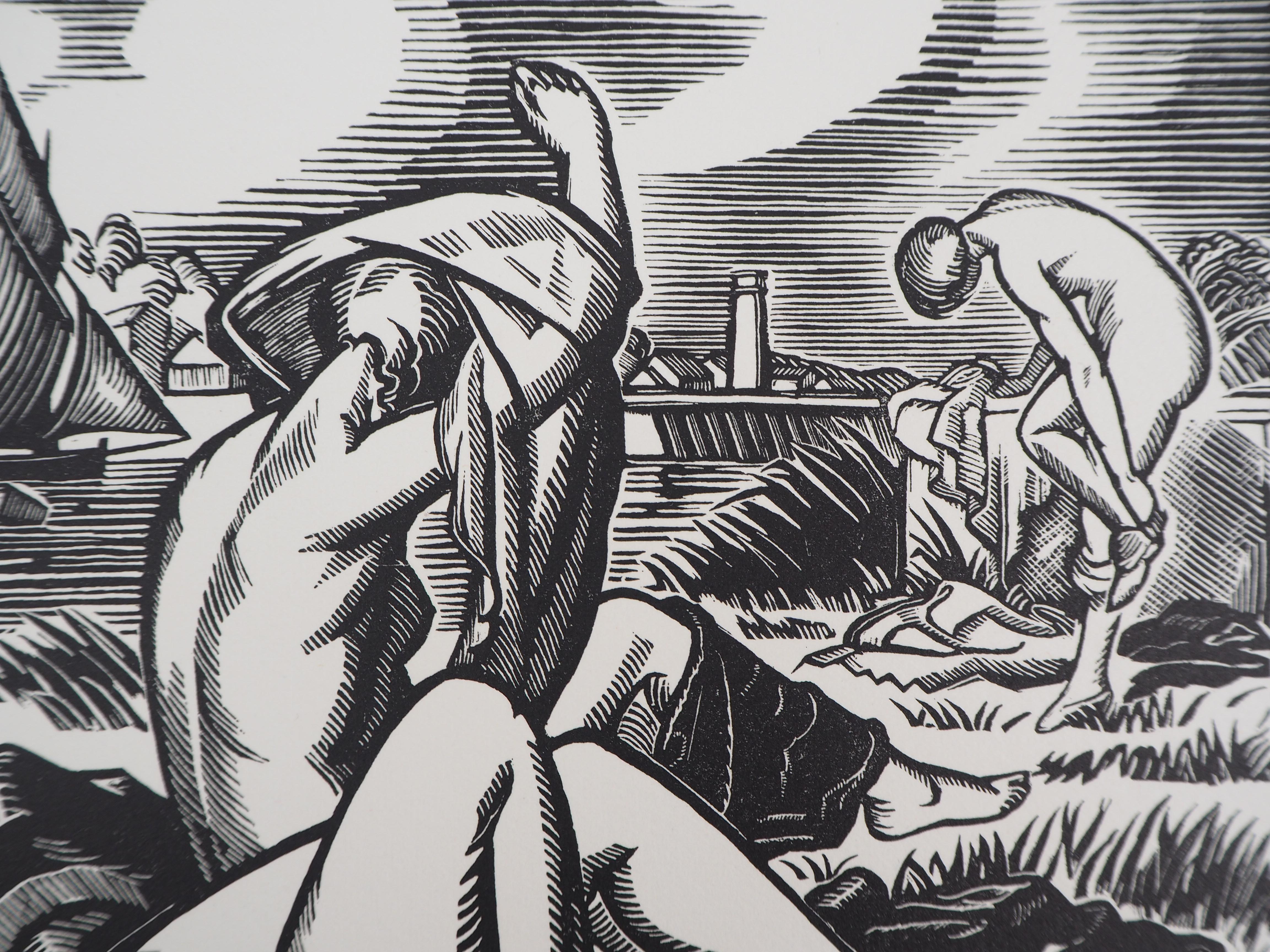 Paul VERA
Hommage an Cezanne : Die Badenden, 1928

Original Holzschnitt
Handsigniert mit Bleistift
Nummeriert /160
Auf Vellum 32,5 x 25,5 cm (ca. 13 x 10 Zoll)
Trägt den Blindstempel des Herausgebers 'Imagier de la Gravure sur Bois' (Lugt