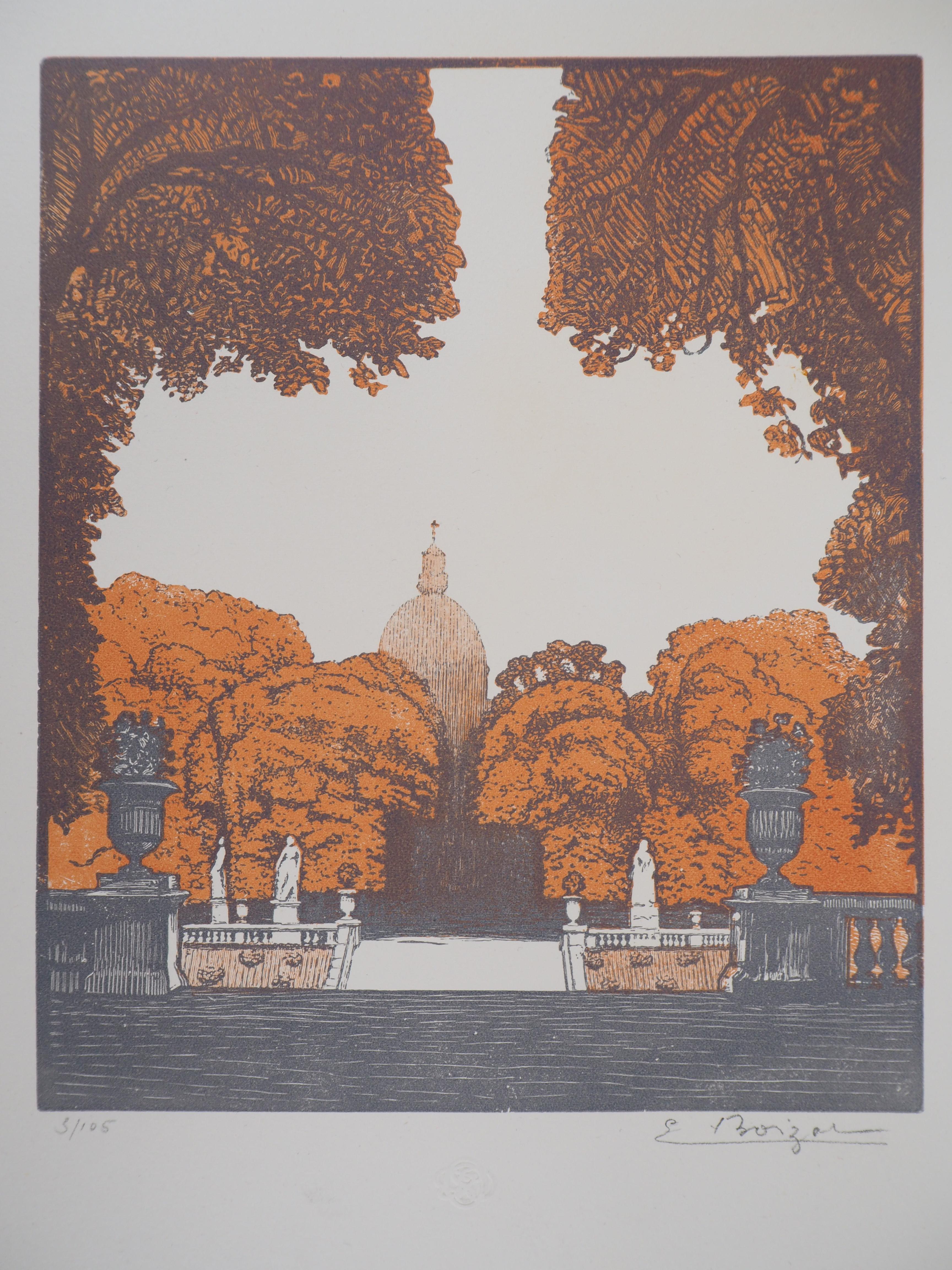 Emile BOIZOT Landscape Print – Paris, Luxembourg-Garten  - Original-Wollschliff, handsigniert und nummeriert /105