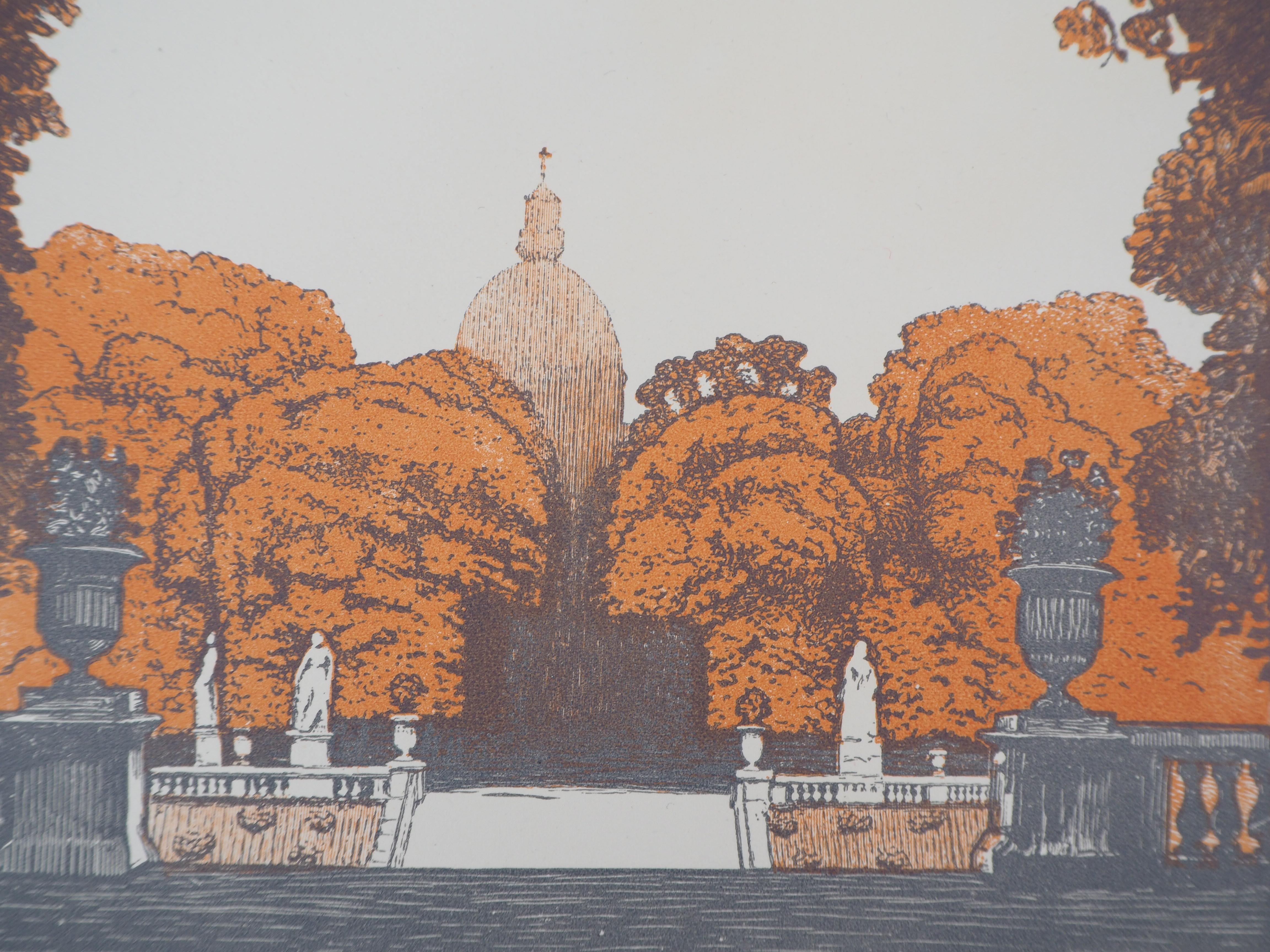 Paris, Luxembourg Garden  - Original wooodcut, Handsigned and numbered /105 - Art Deco Print by Emile BOIZOT