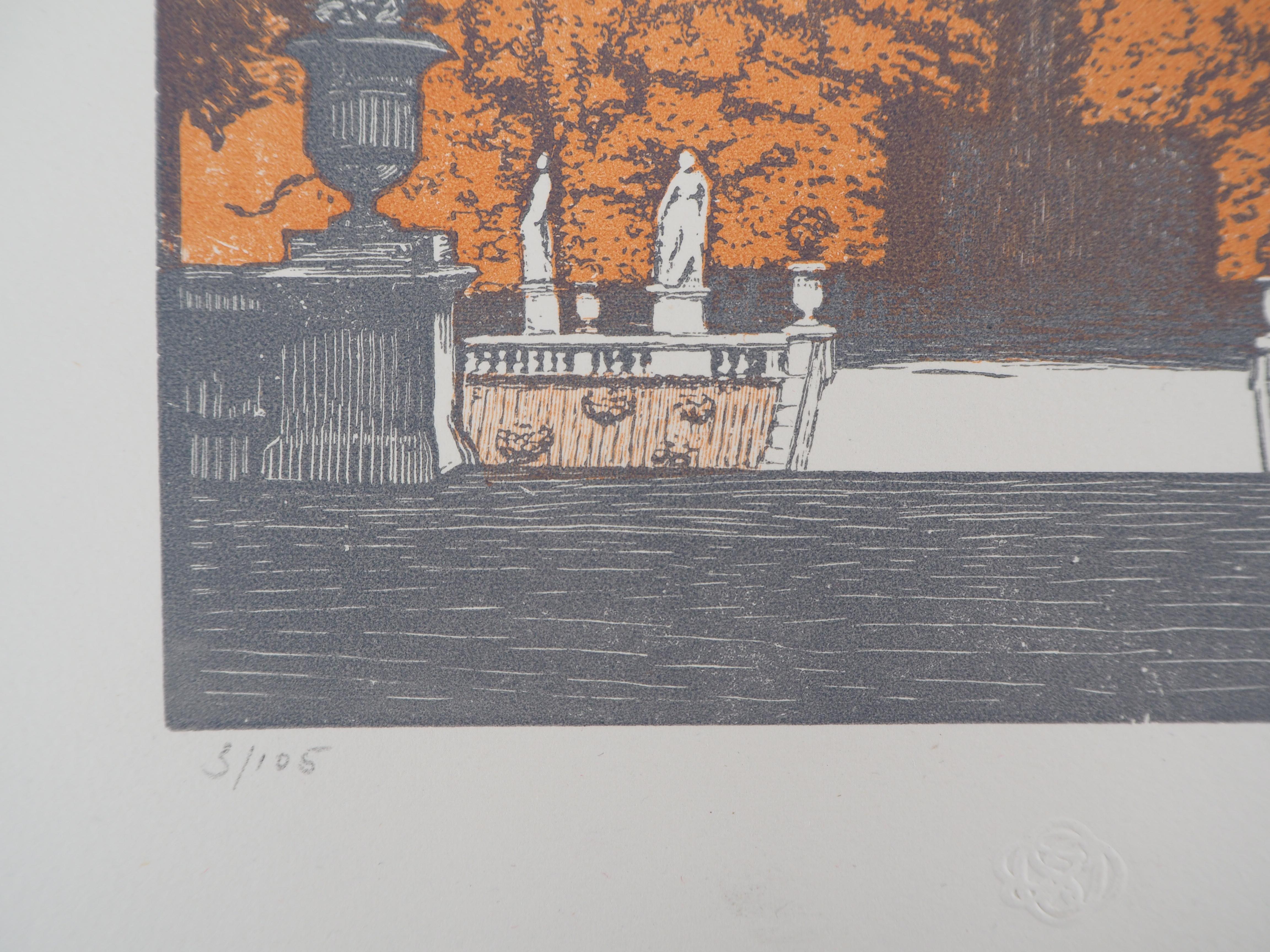 París, Jardín de Luxemburgo  - Grabado original en madera, Firmado a mano y numerado /105 - Landscape Print Gris de Emile BOIZOT