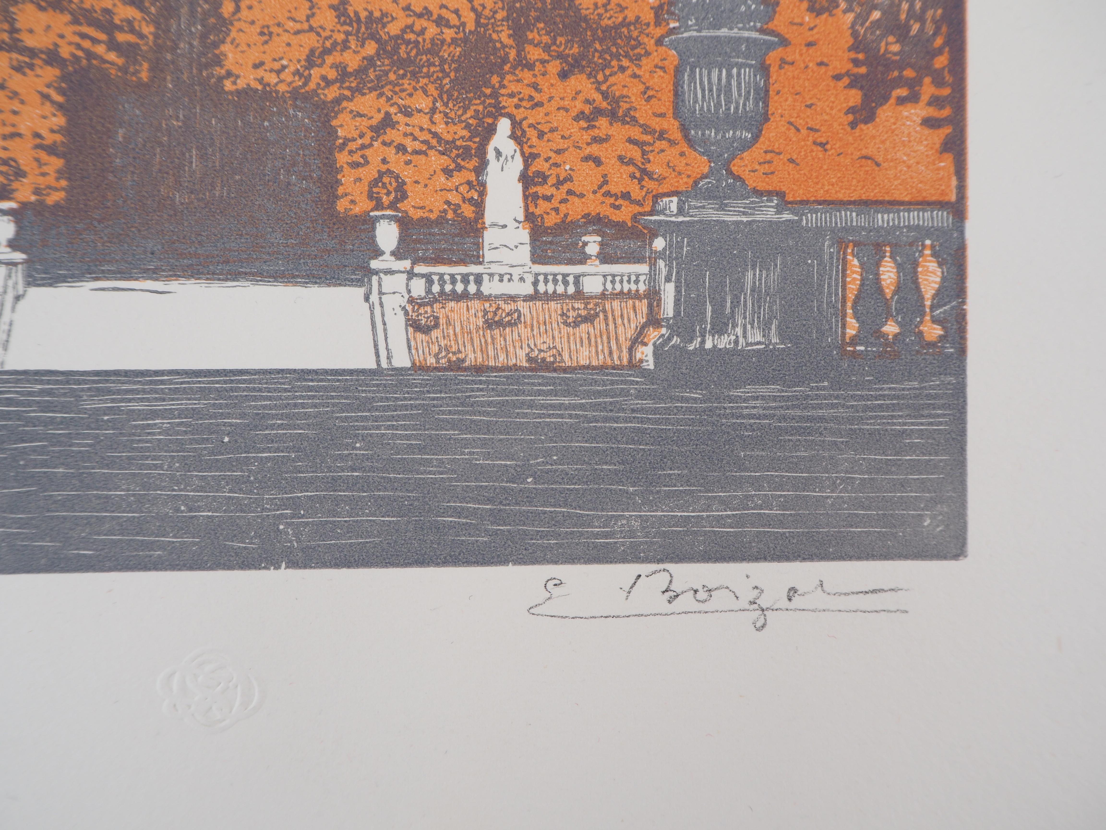 Emile BOIZOT
Paris, Luxemburgischer Garten - 1920

Original Holzschnitt
Handsigniert mit Bleistift
Nummeriert /165
Auf Pergament 32,5 x 25,5 cm (ca. 13 x 10 Zoll)
Trägt den Blindstempel des Herausgebers 'Imagier de la Gravure sur Bois' (Lugt