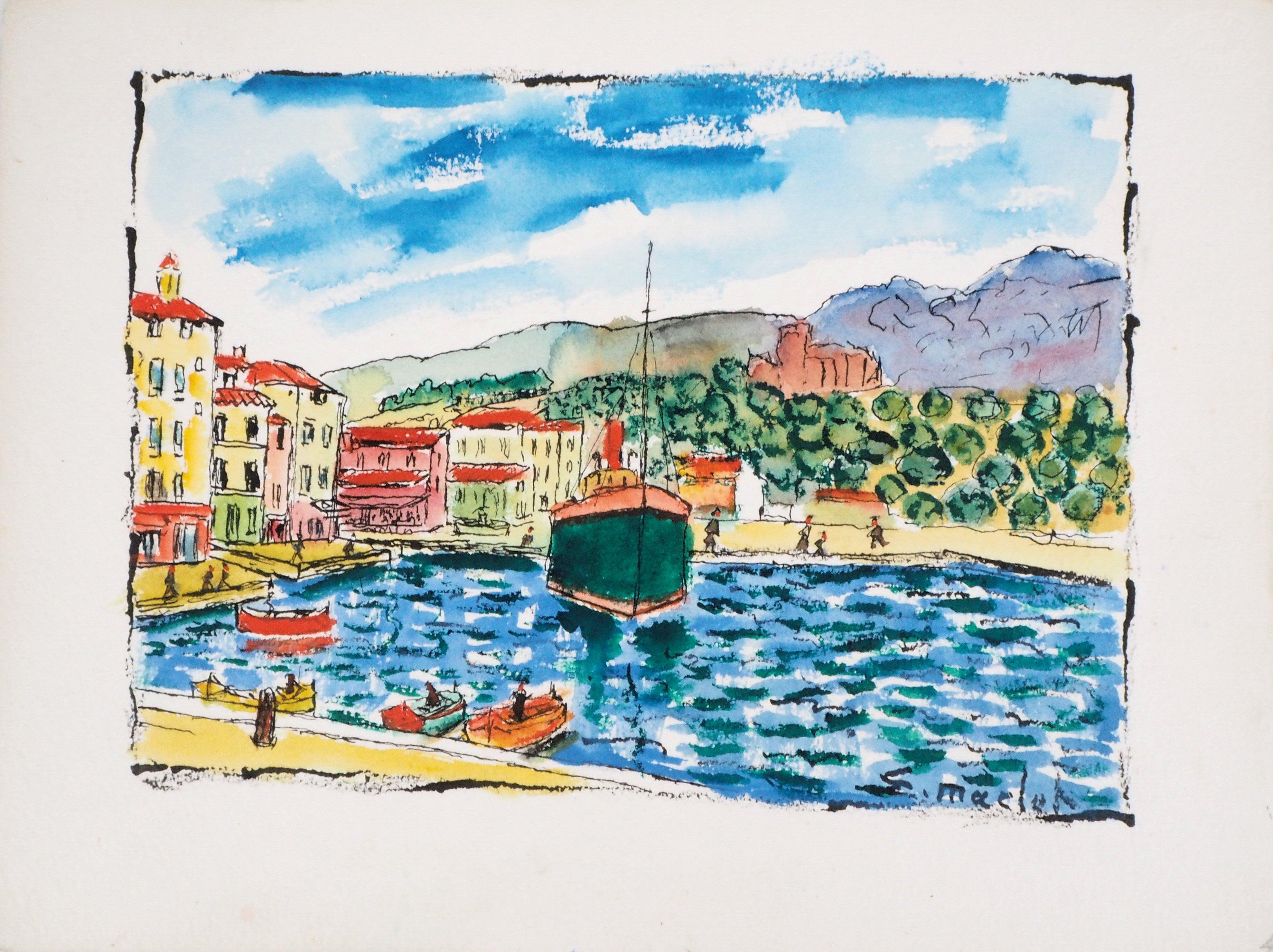 Elisée Maclet Landscape Art - South of France : Harbor of Cassis (Marseille) - Original Watercolor, Handsigned