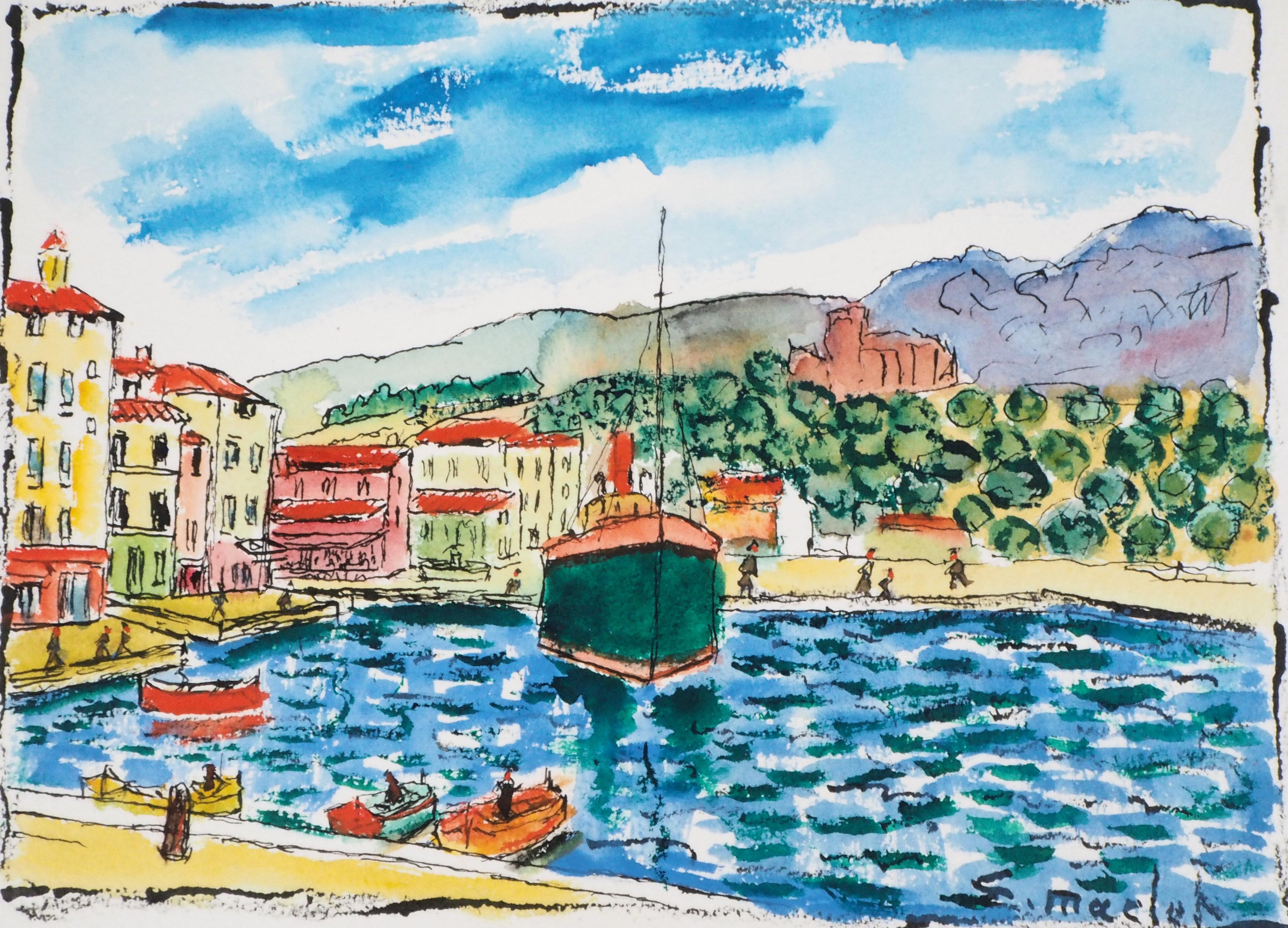 South of France : Harbor of Cassis (Marseille) - Aquarelle originale, signée à la main - Gris Landscape Art par Elisée Maclet