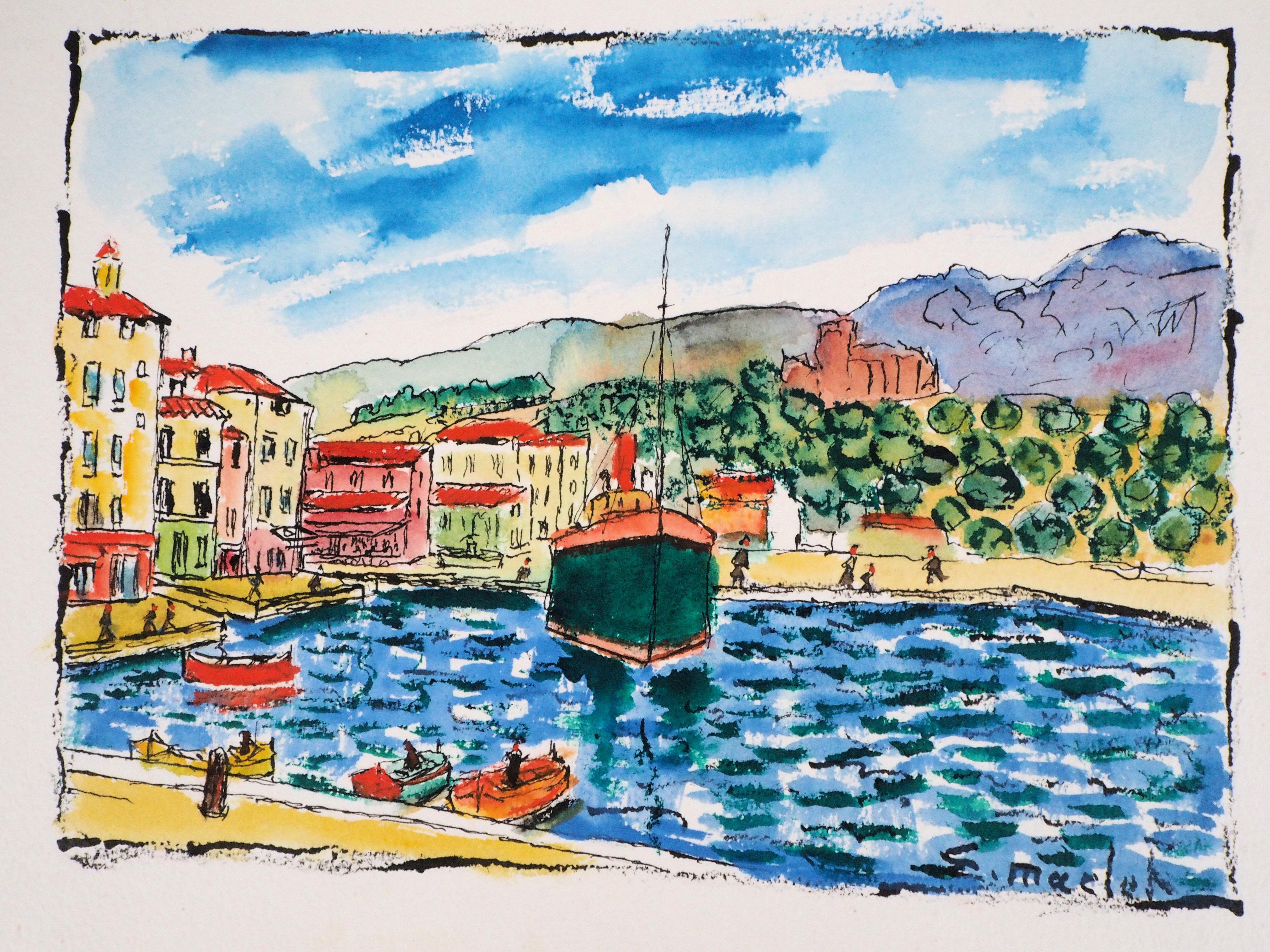 South of France : Harbor of Cassis (Marseille) - Aquarelle originale, signée à la main - Moderne Art par Elisée Maclet