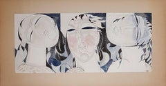 (Art Deco) Three Women Faces (Three Graces) - Original watercolor, Handsigned