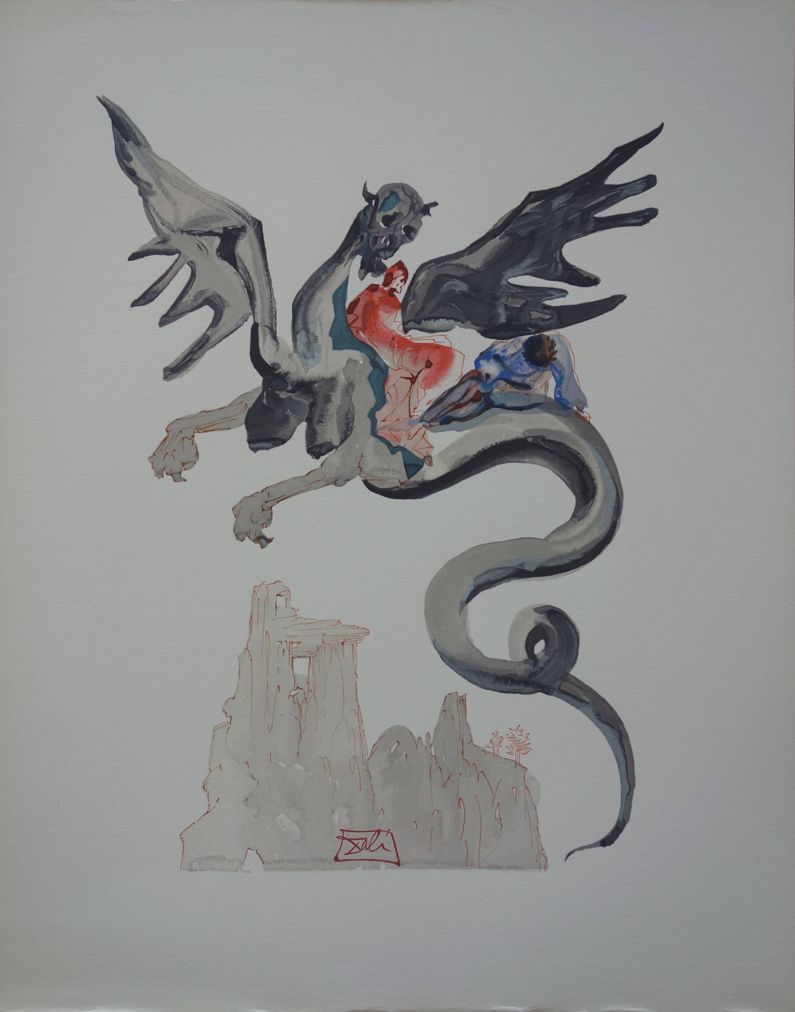 Salvador Dalí Figurative Art - Hell 18 - The usurers (Man on a Dragon) - woodcut - 1963