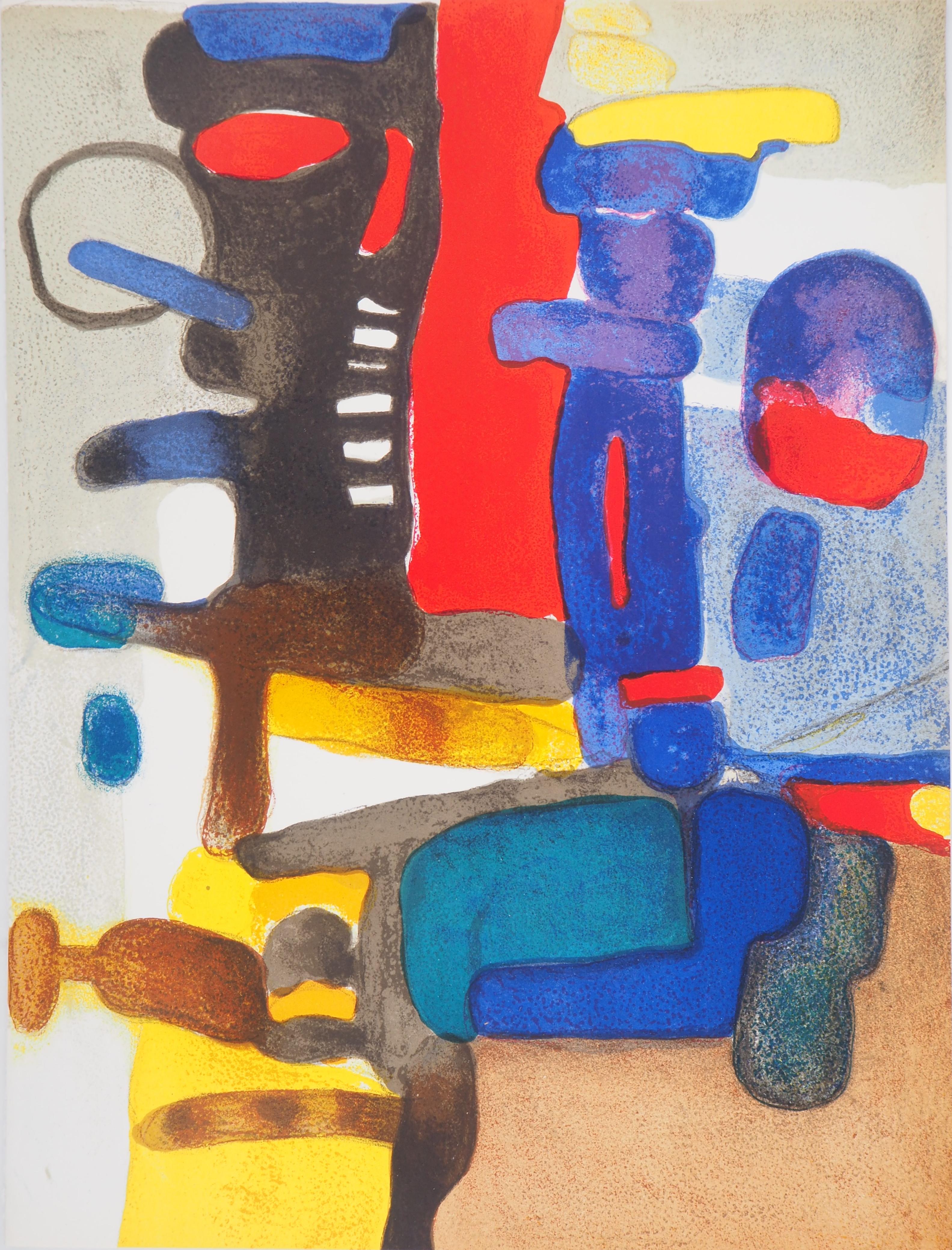 Guidour (Abstract Landscape in Blue and Red) - Original lithograph