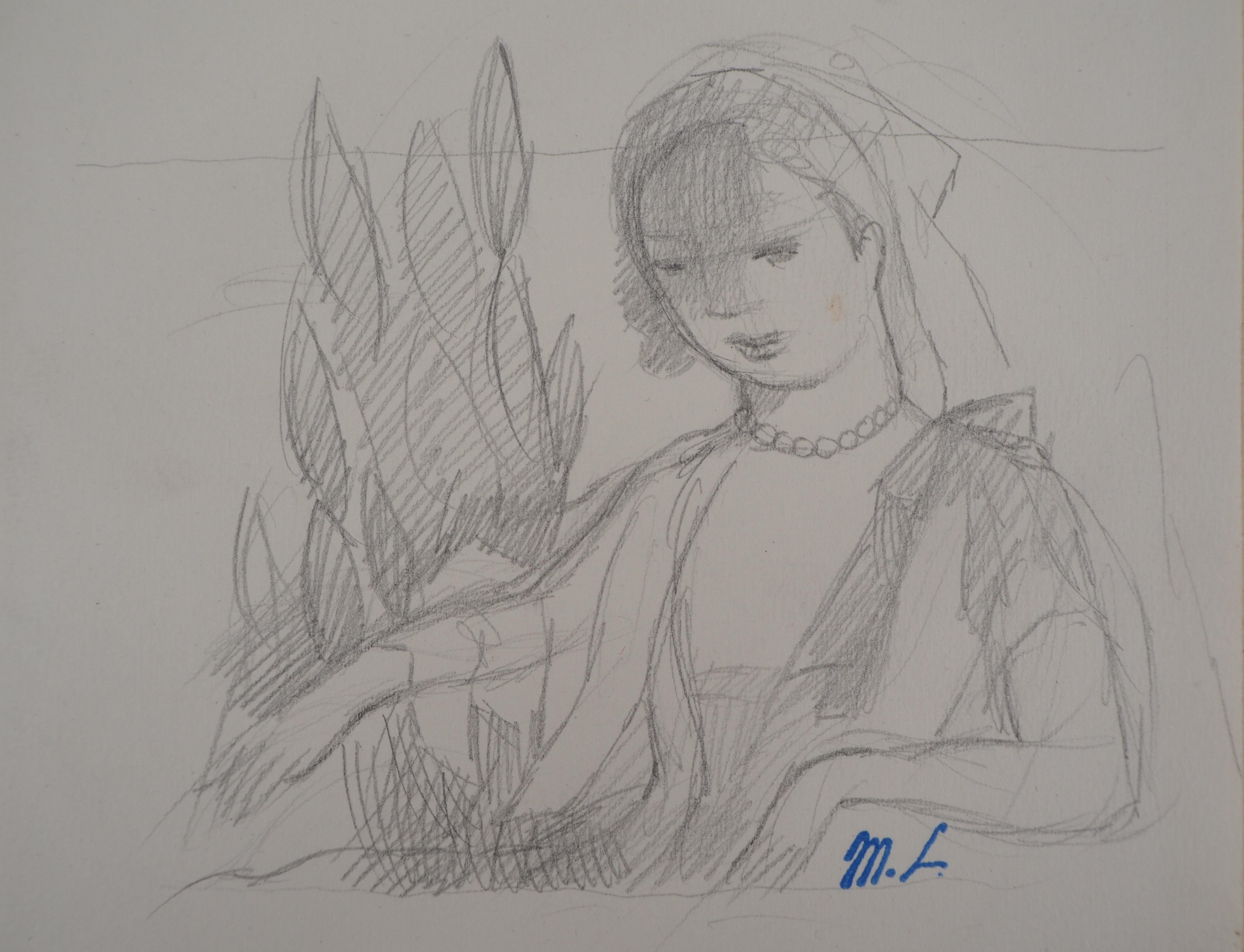 Marie Laurencin Figurative Art - Woman in the Garden - Original pencil drawing