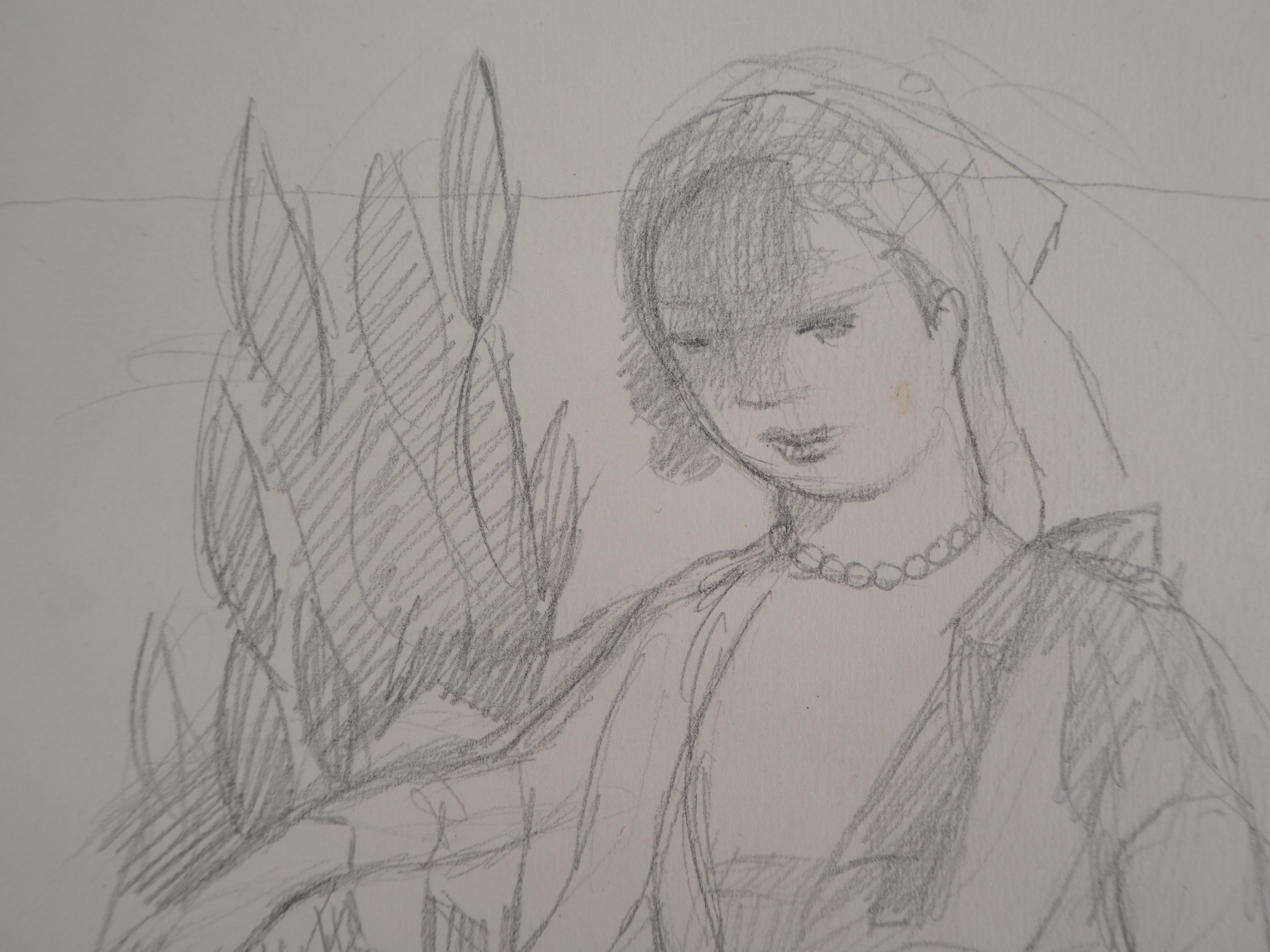 Woman in the Garden - Original pencil drawing - Modern Art by Marie Laurencin