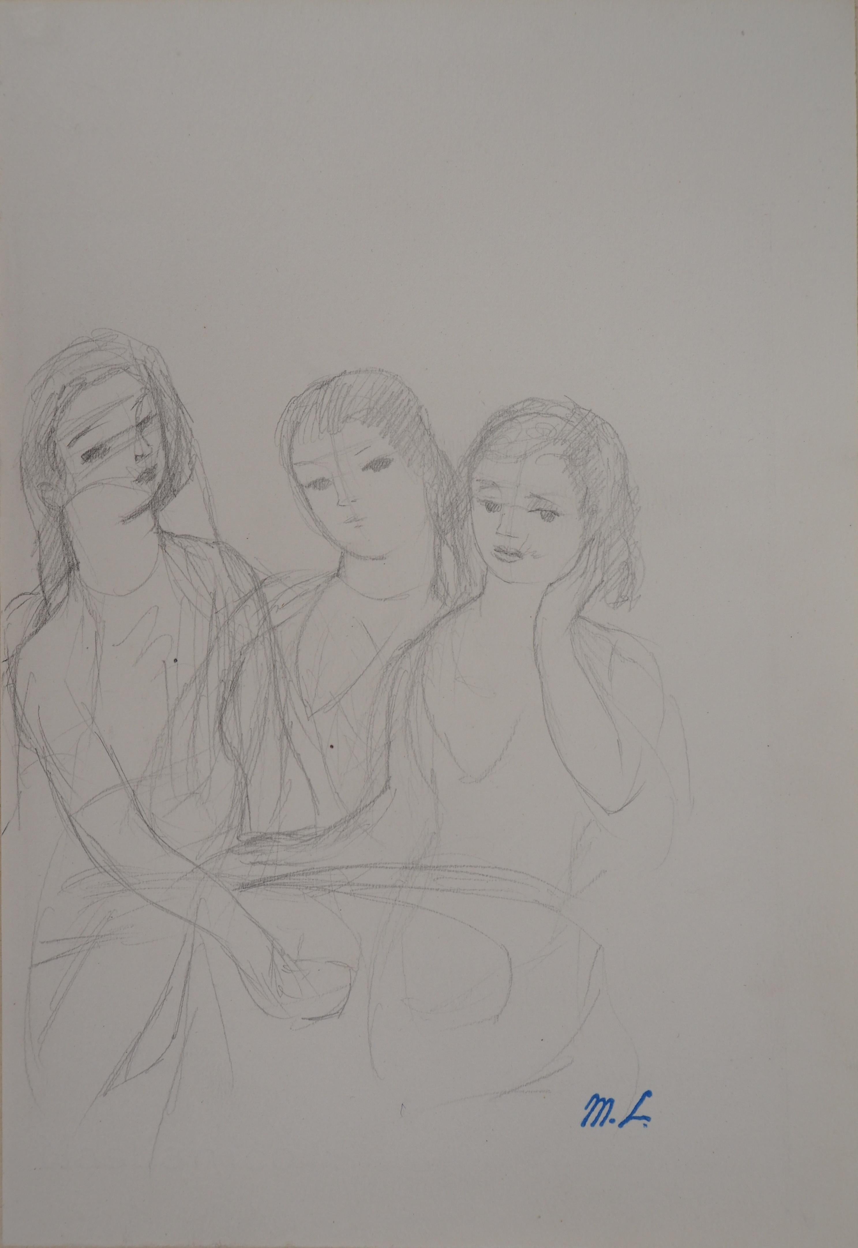 Marie Laurencin Figurative Art - Three Dreaming Girls - Original pencil drawing
