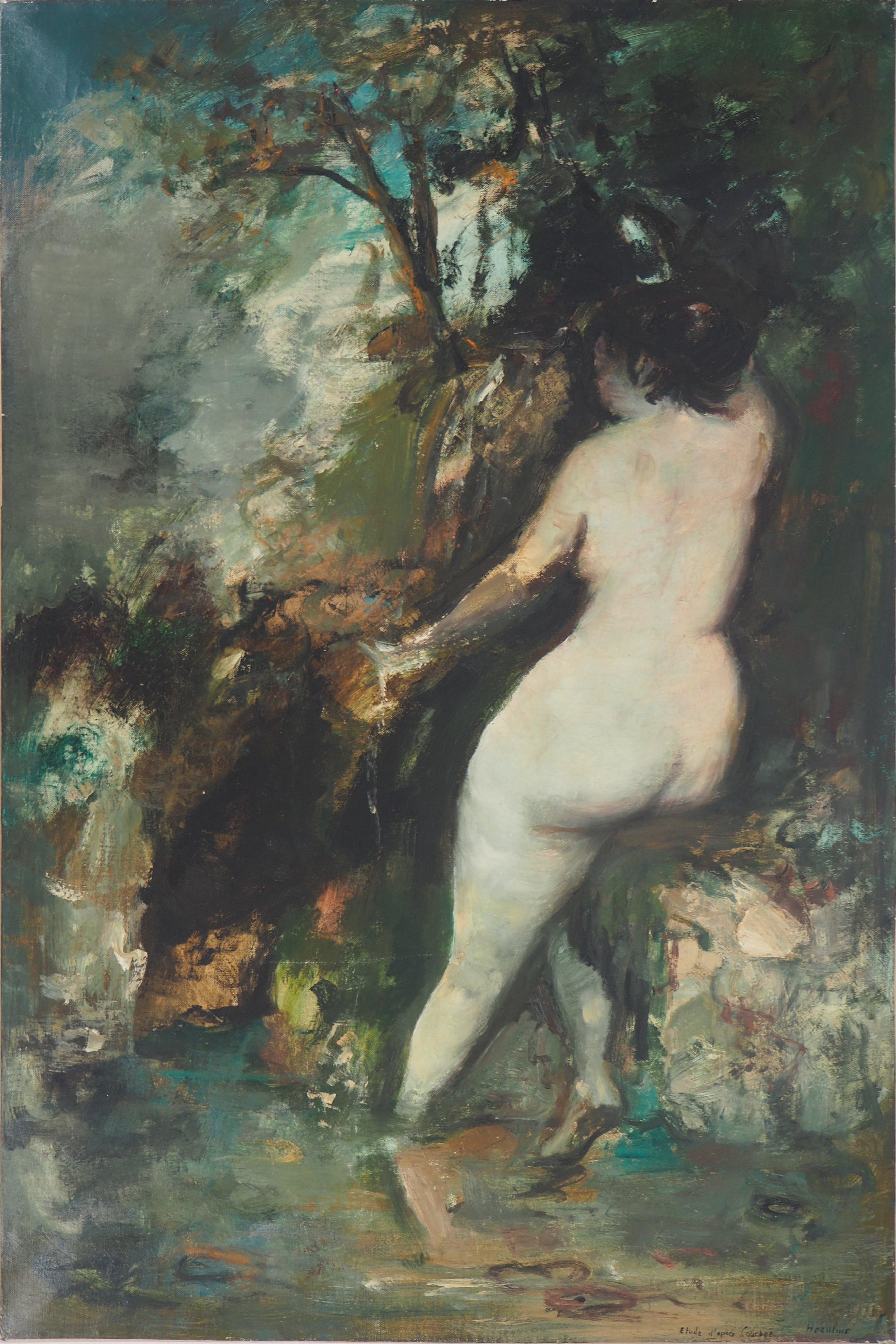 François Heaulmé Figurative Painting - Nude near the Source (Study after Courbet)  - Original Oil on canvas, Signed