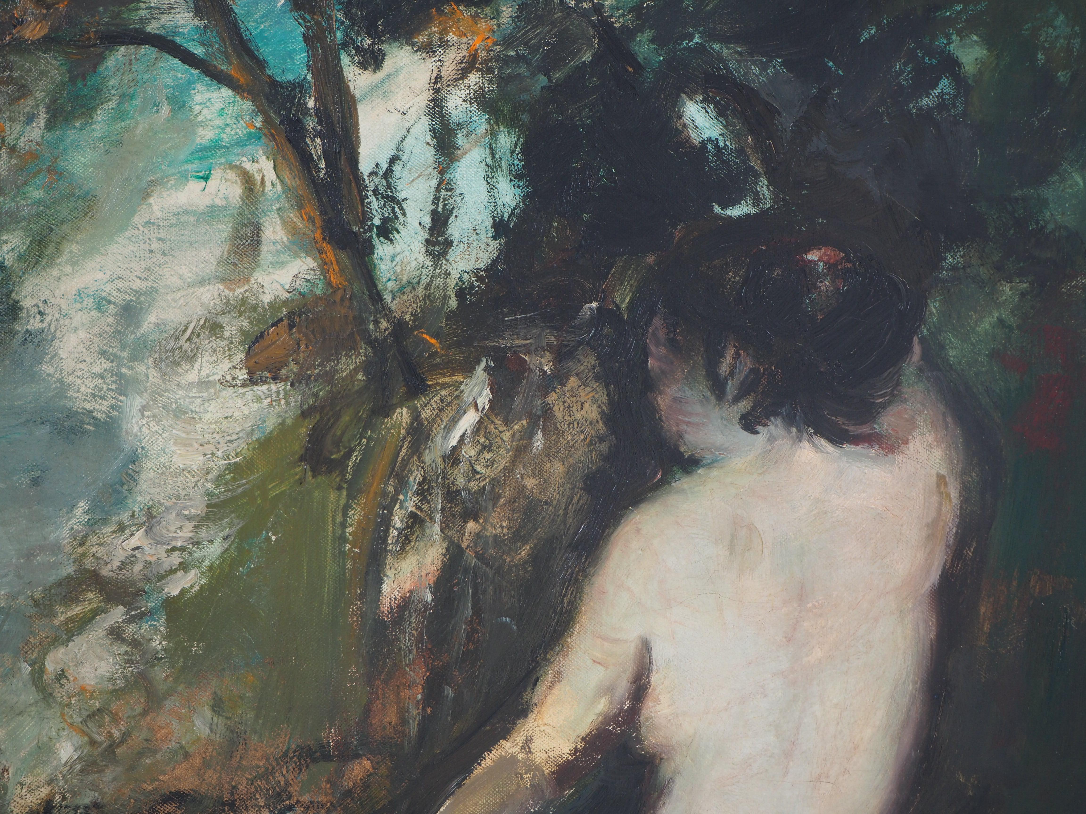 Nude near the Source (Study after Courbet)  - Original Oil on canvas, Signed - Gray Figurative Painting by François Heaulmé