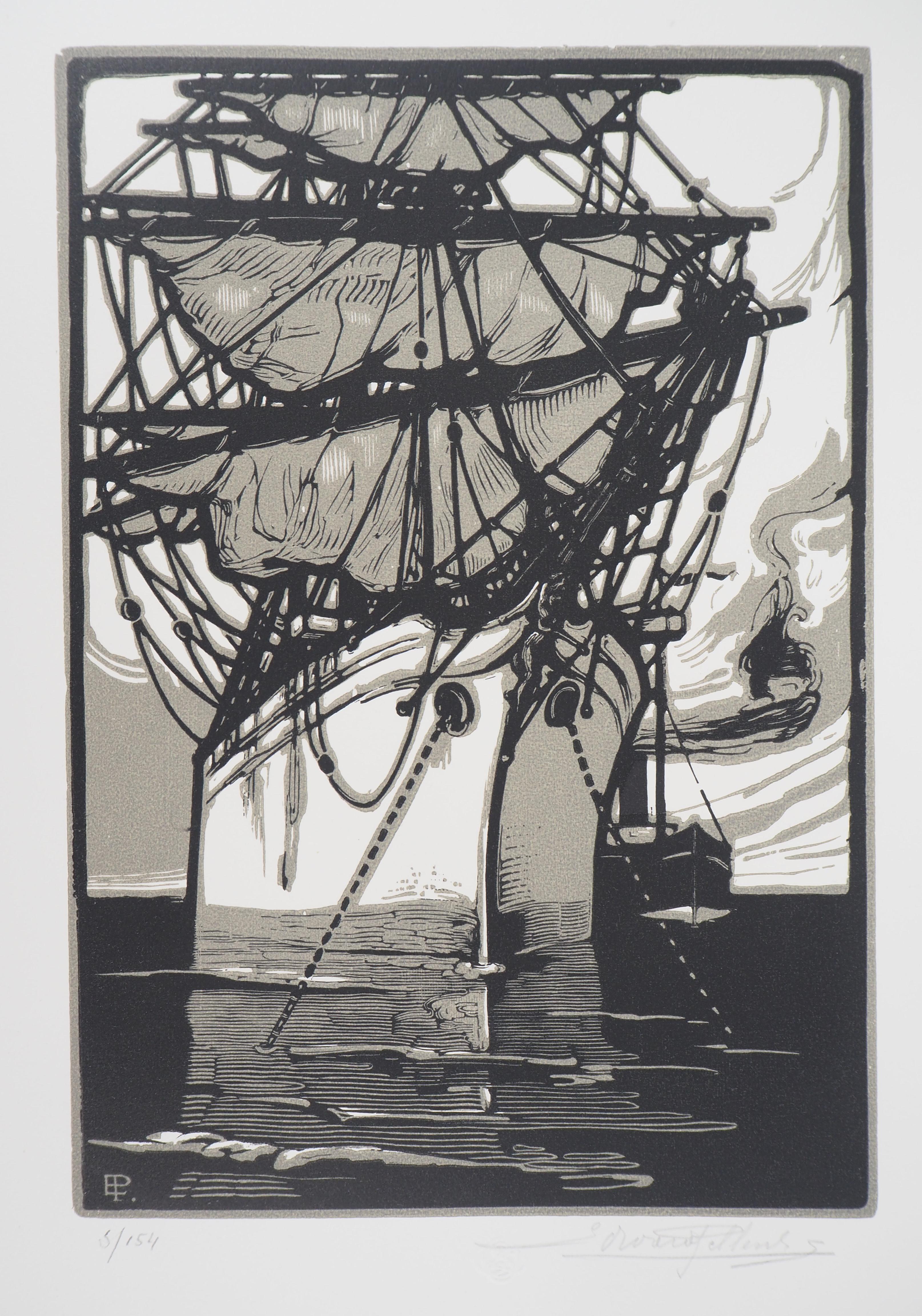 Edward Pellens Figurative Print – The Sailboat – Original-Holzschnitt, handsigniert