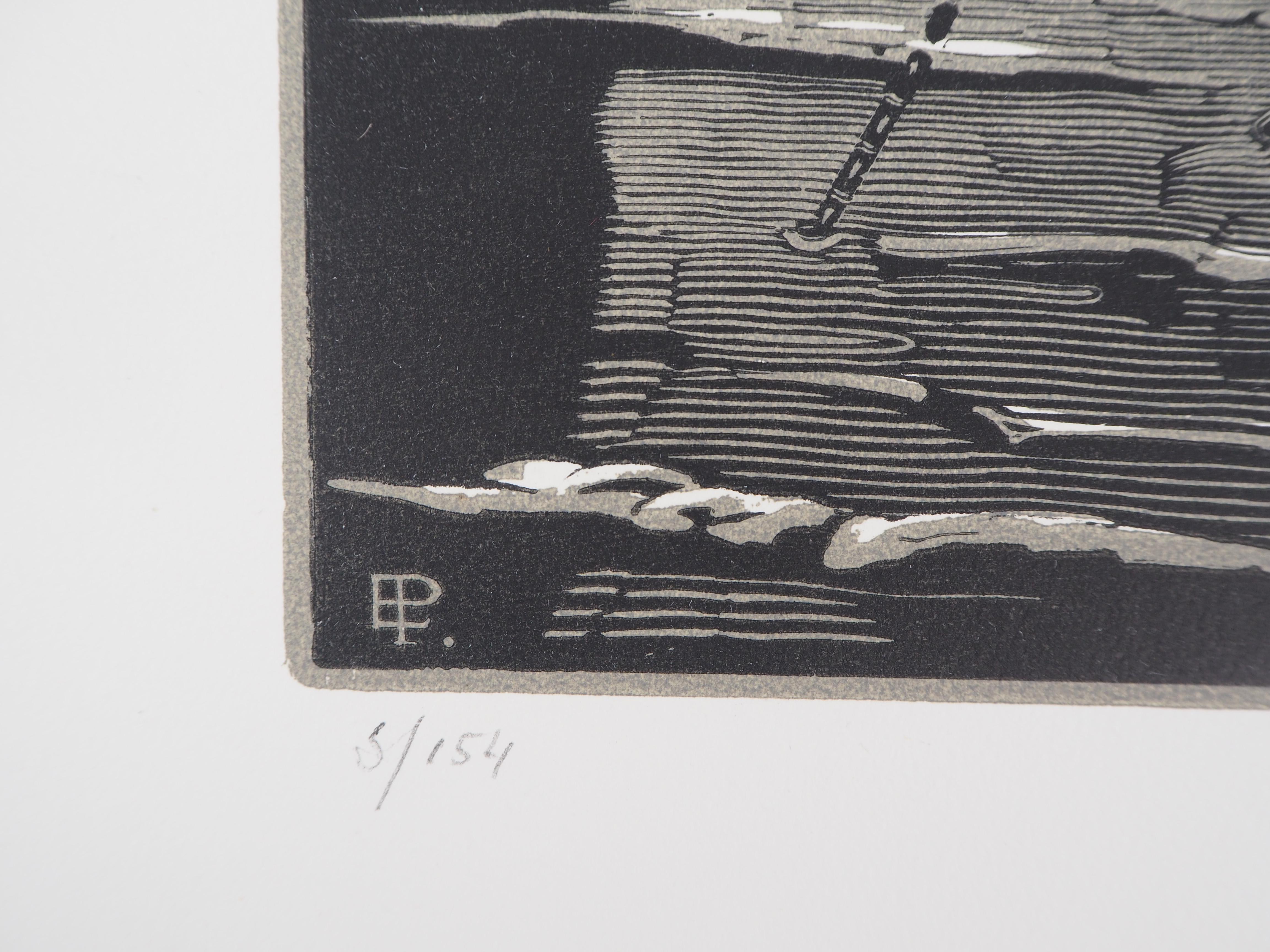 The Sailboat - Original woodcut, Handsigned - Gray Figurative Print by Edward Pellens