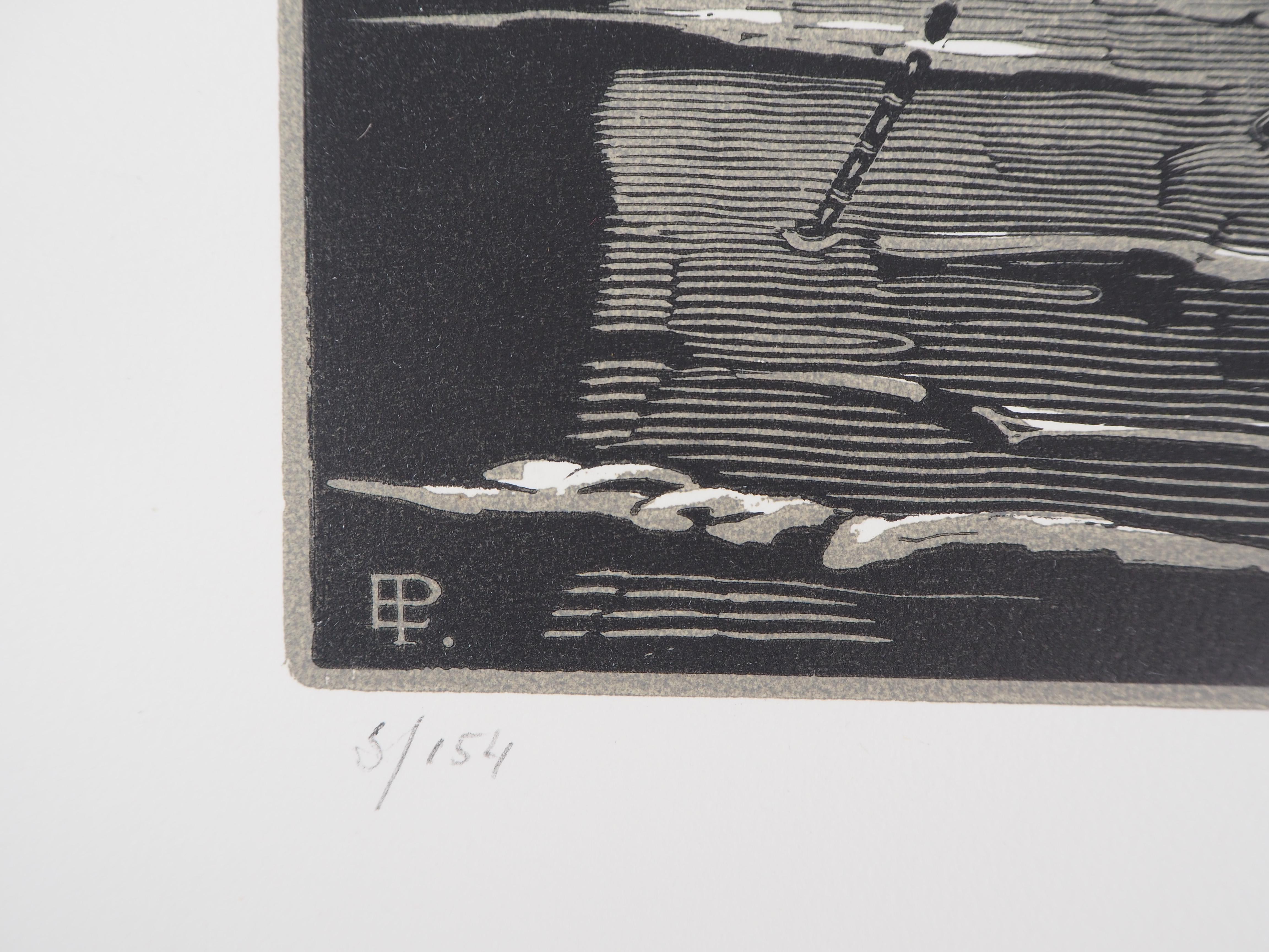 The Sailboat - Original woodcut, Handsigned - Art Deco Print by Edward Pellens
