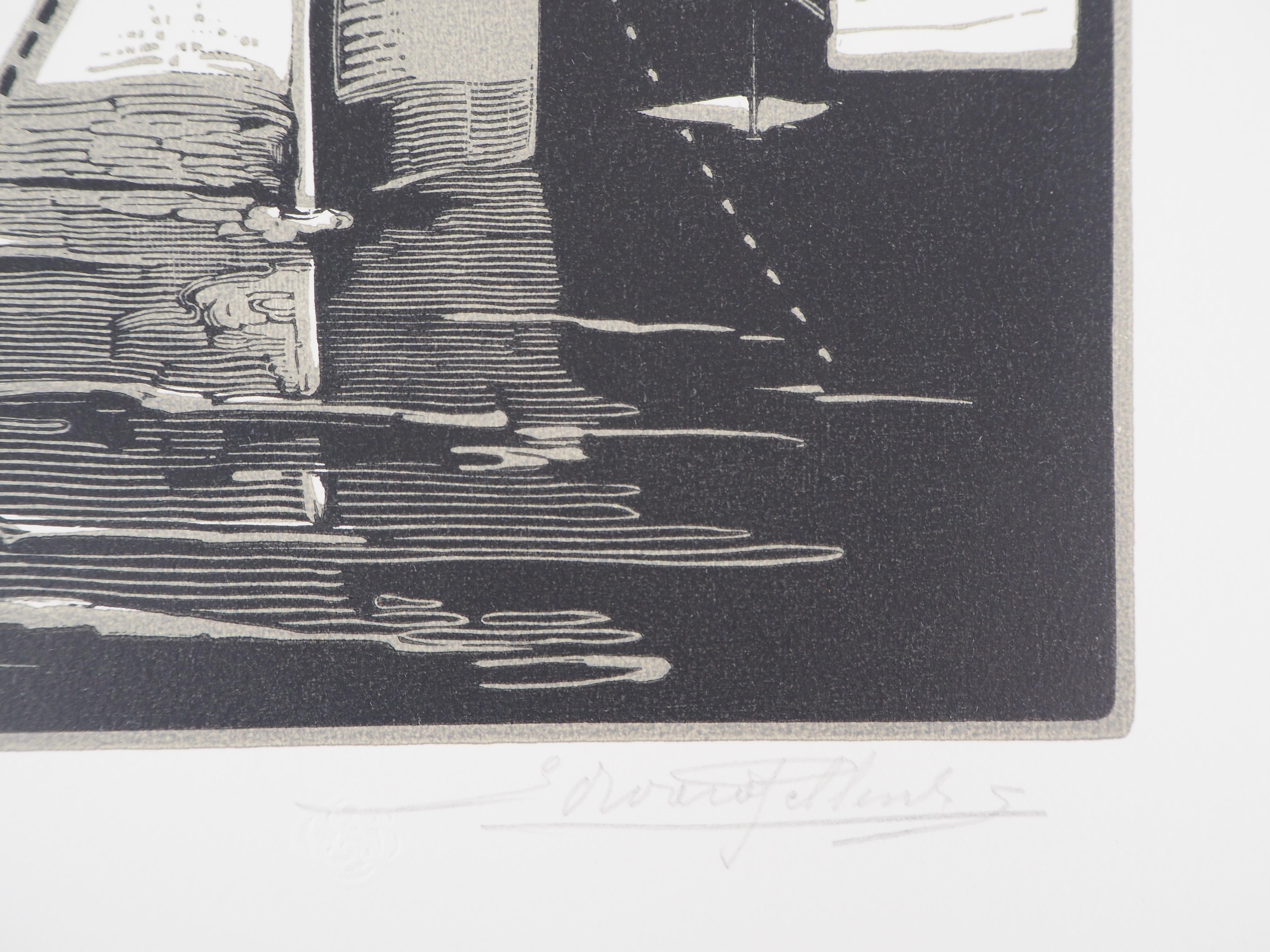 The Sailboat – Original-Holzschnitt, handsigniert – Print von Edward Pellens