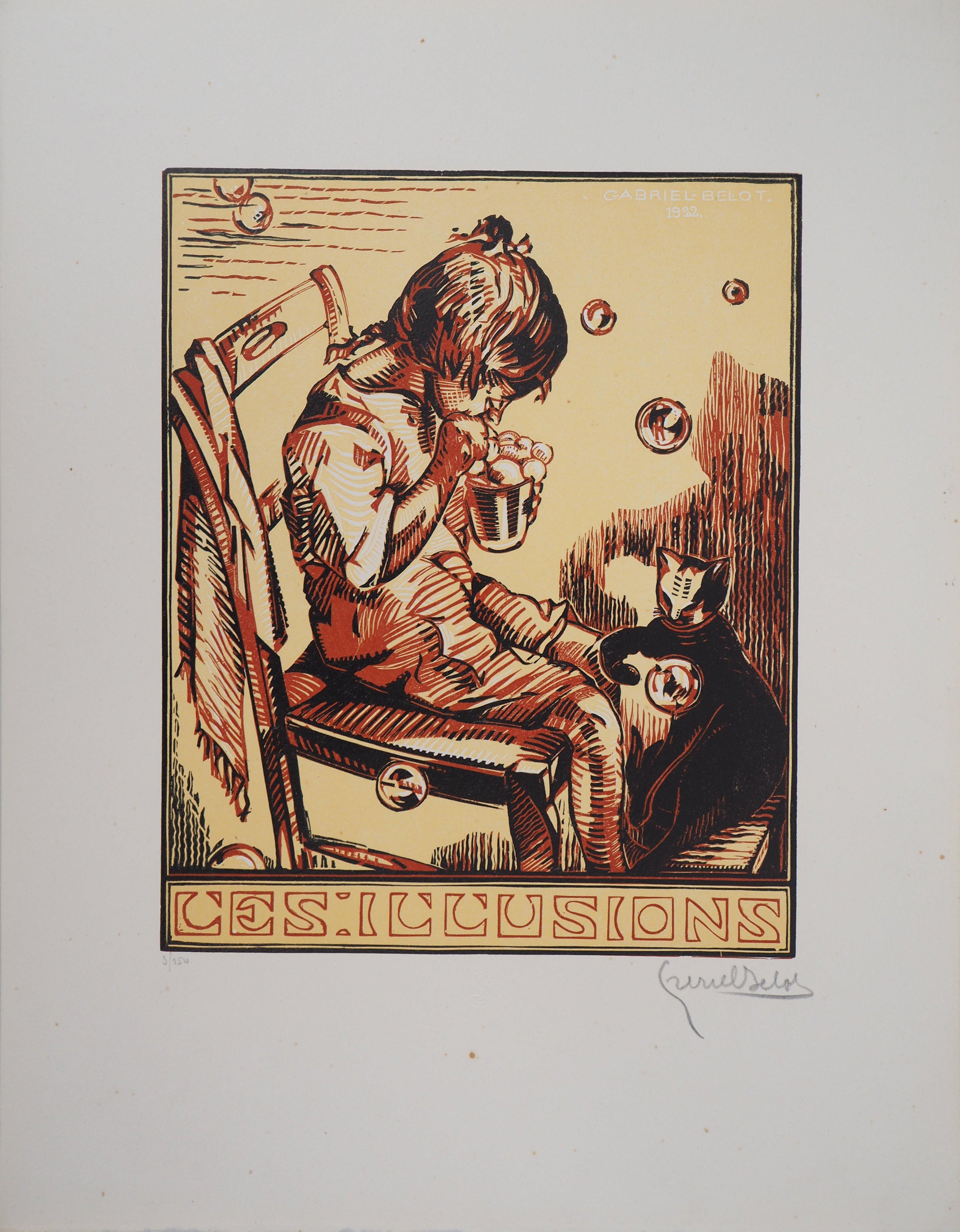 Gabriel Belot Interior Print – Illusion: Junge, Katze und Seifenblasen - Original Holzschnitt, handsigniert