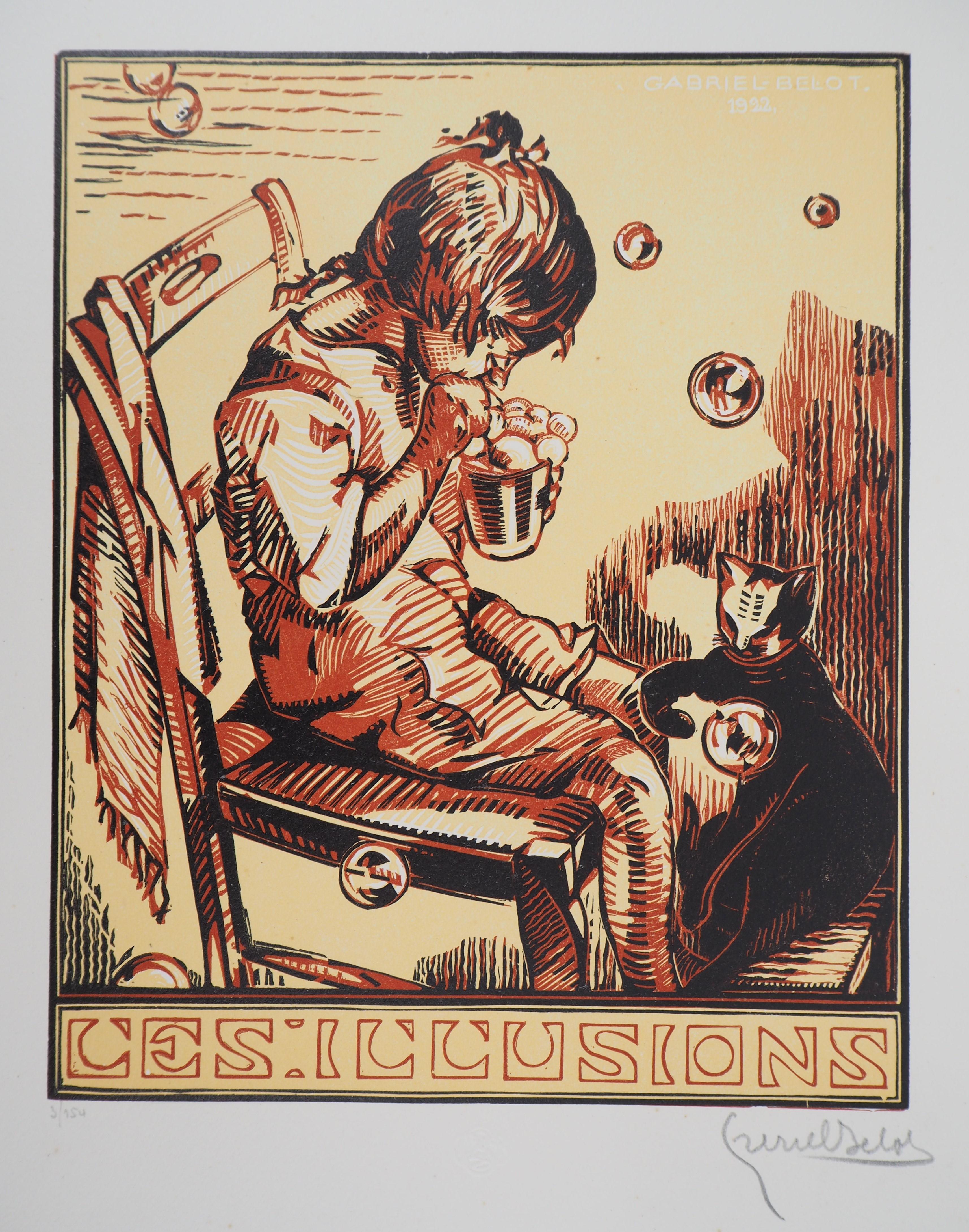 Illusion: Junge, Katze und Seifenblasen - Original Holzschnitt, handsigniert – Print von Gabriel Belot