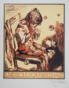 Illusion : Boy, Cat and Soap Bubbles - Original woodcut, Handsigned