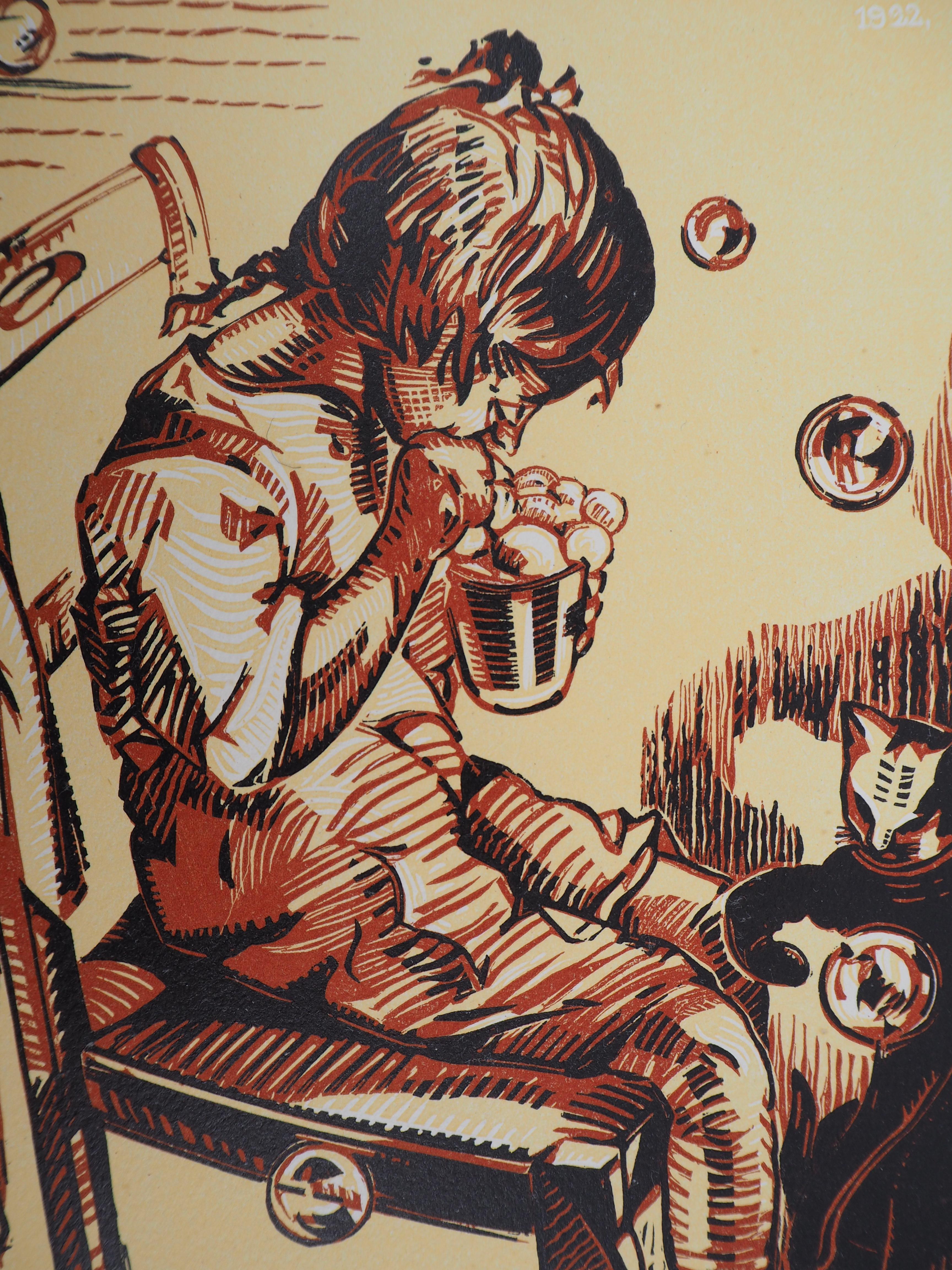 Illusion : Boy, Cat and Soap Bubbles (Beau, chat et savon) - Taille sur bois originale, signée à la main - Art déco Print par Gabriel Belot