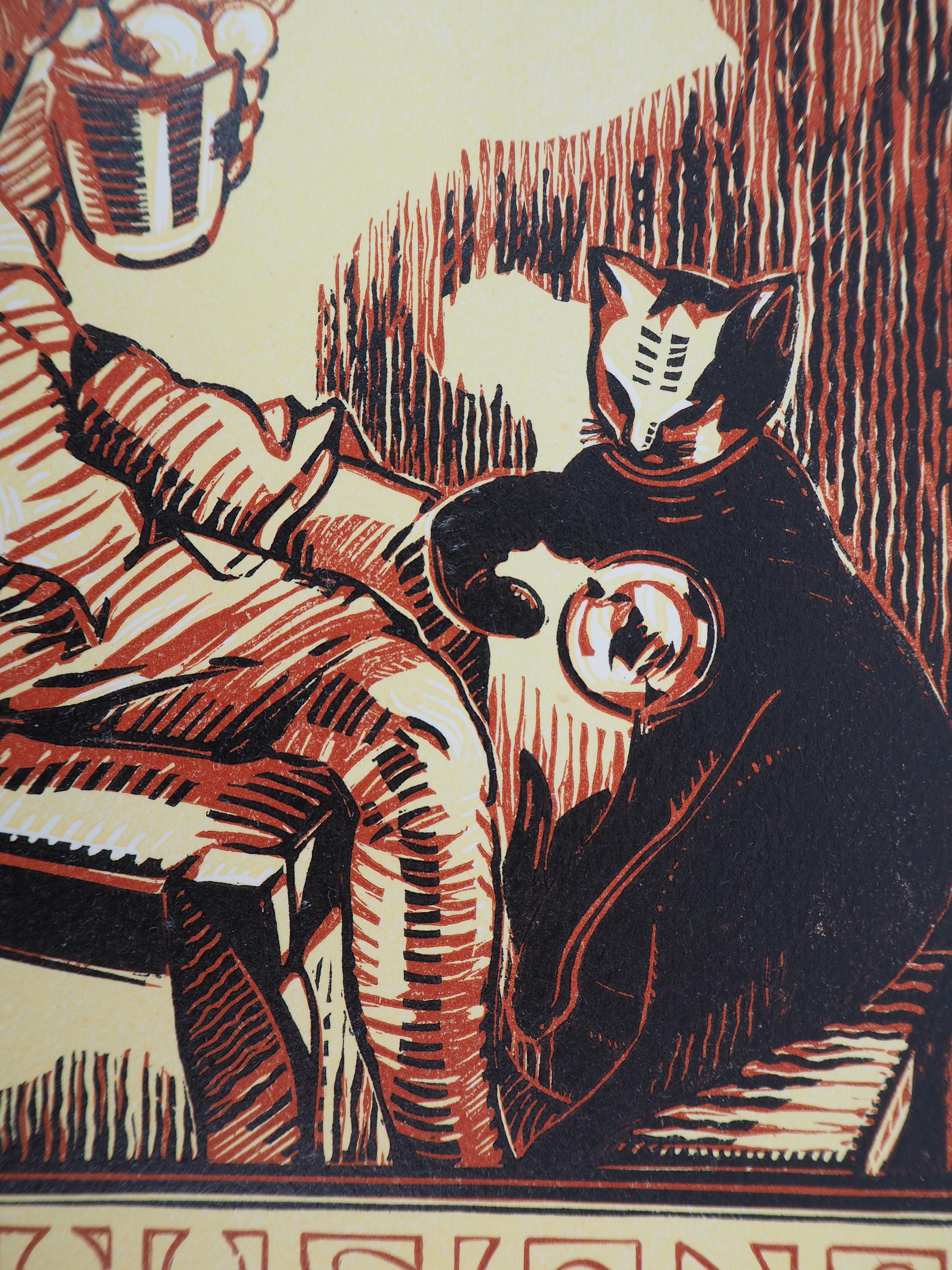 Illusion : Boy, Cat and Soap Bubbles (Beau, chat et savon) - Taille sur bois originale, signée à la main - Beige Interior Print par Gabriel Belot