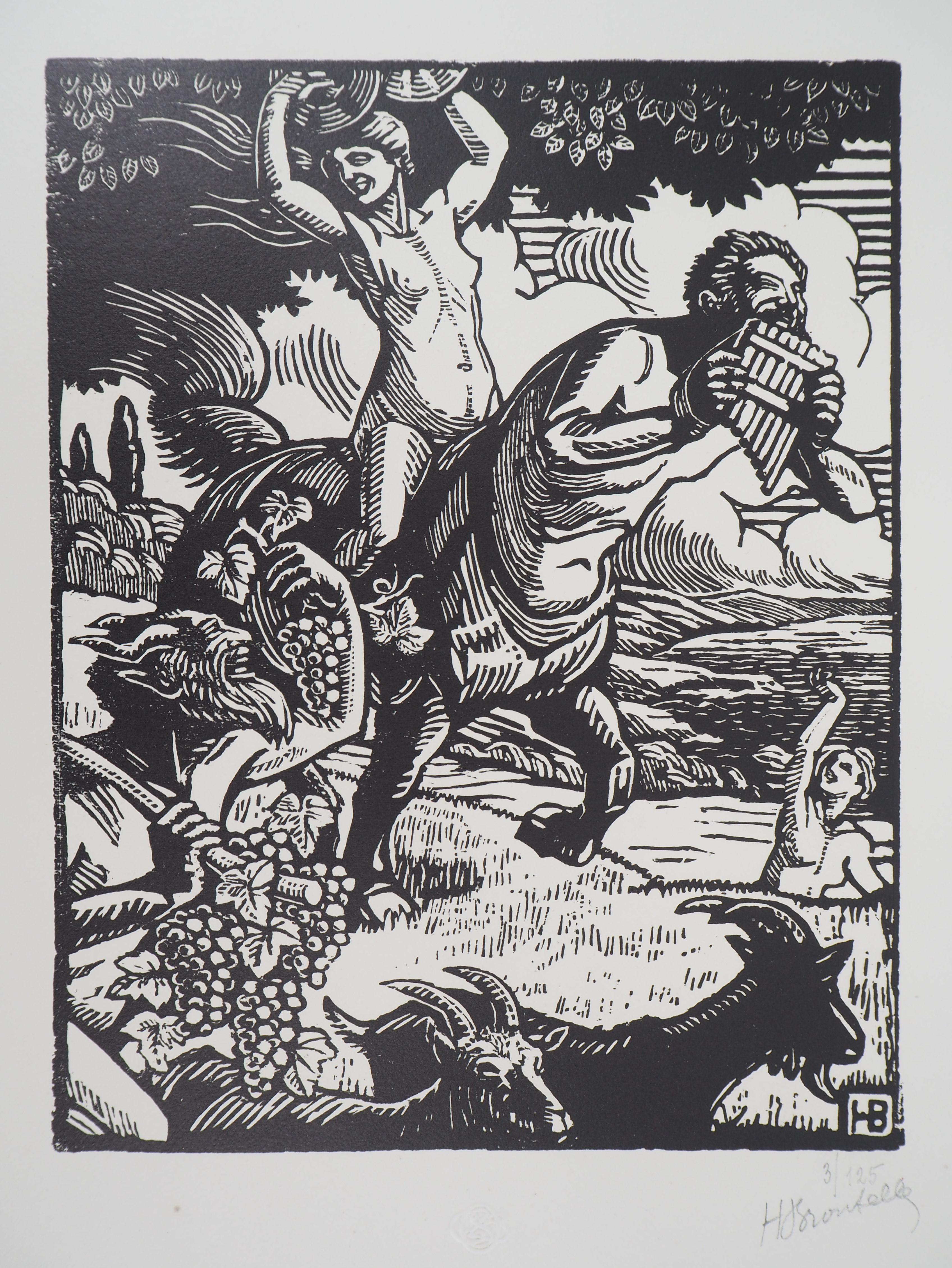 Mythology : Harvest with Bacchus, Fauna and Nymph - Original woodcut, Handsigned