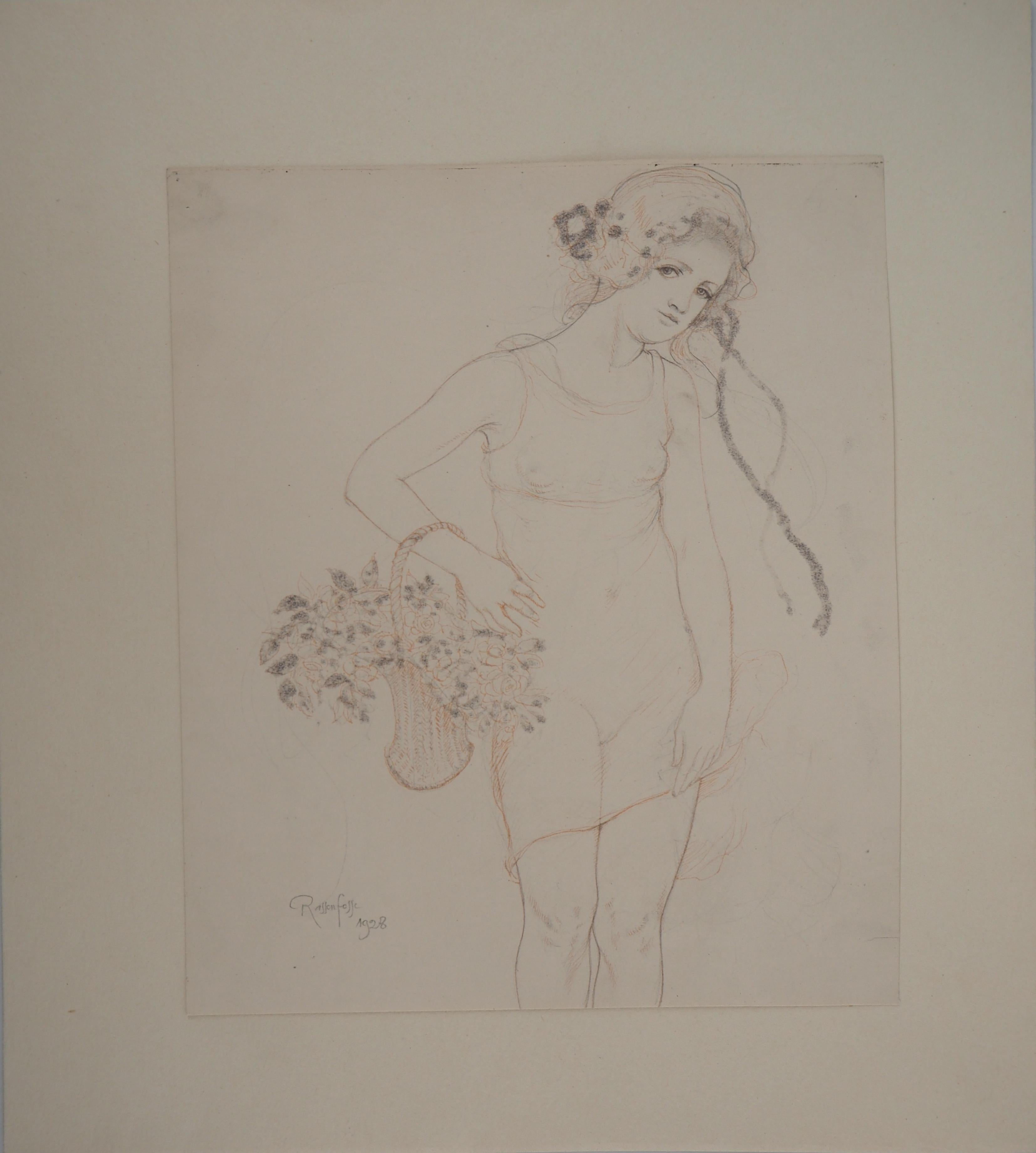 Jeune fille avec des fleurs - dessin original, signé à la main - Moderne Art par Armand Rassenfosse