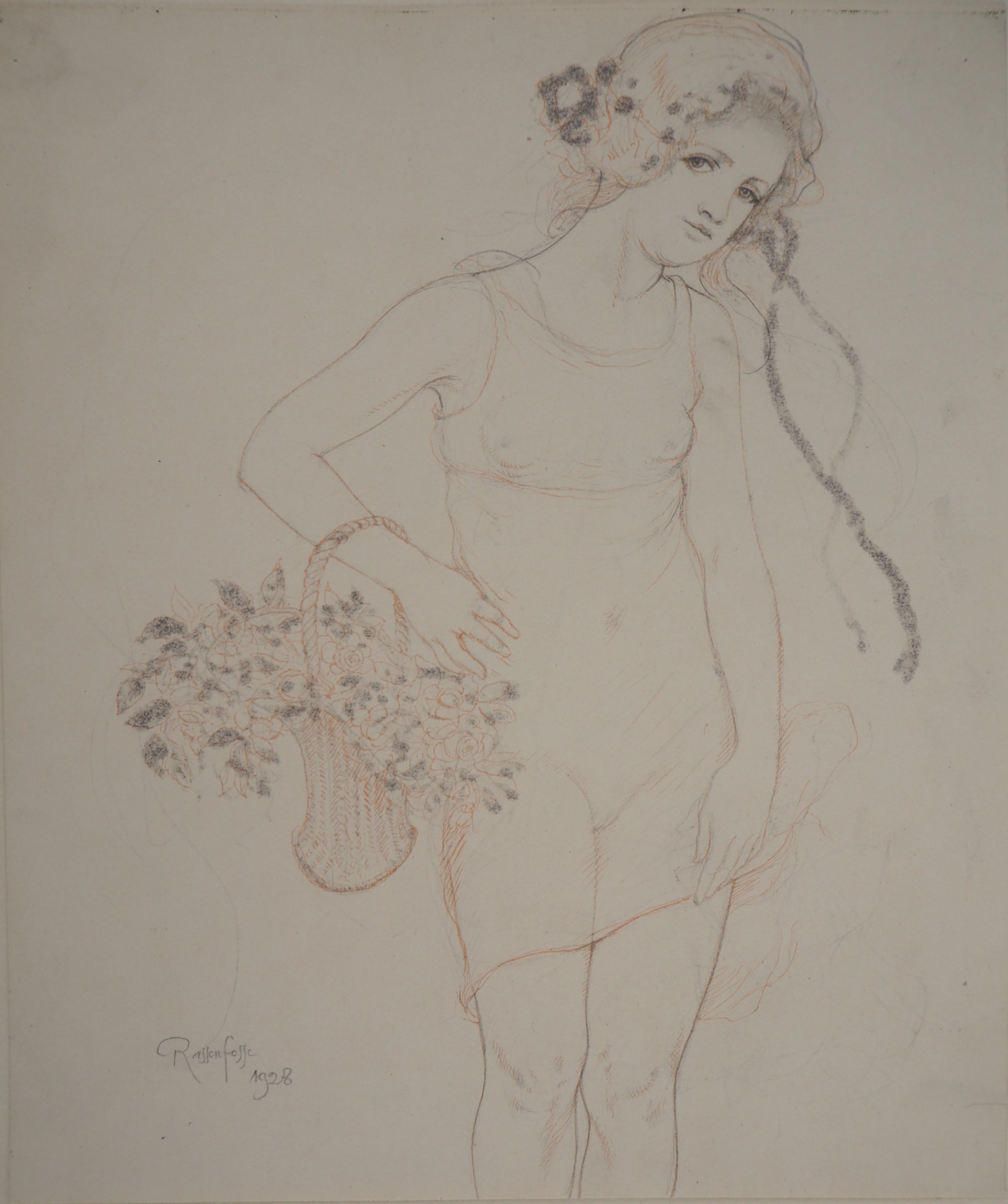 Figurative Art Armand Rassenfosse - Jeune fille avec des fleurs - dessin original, signé à la main