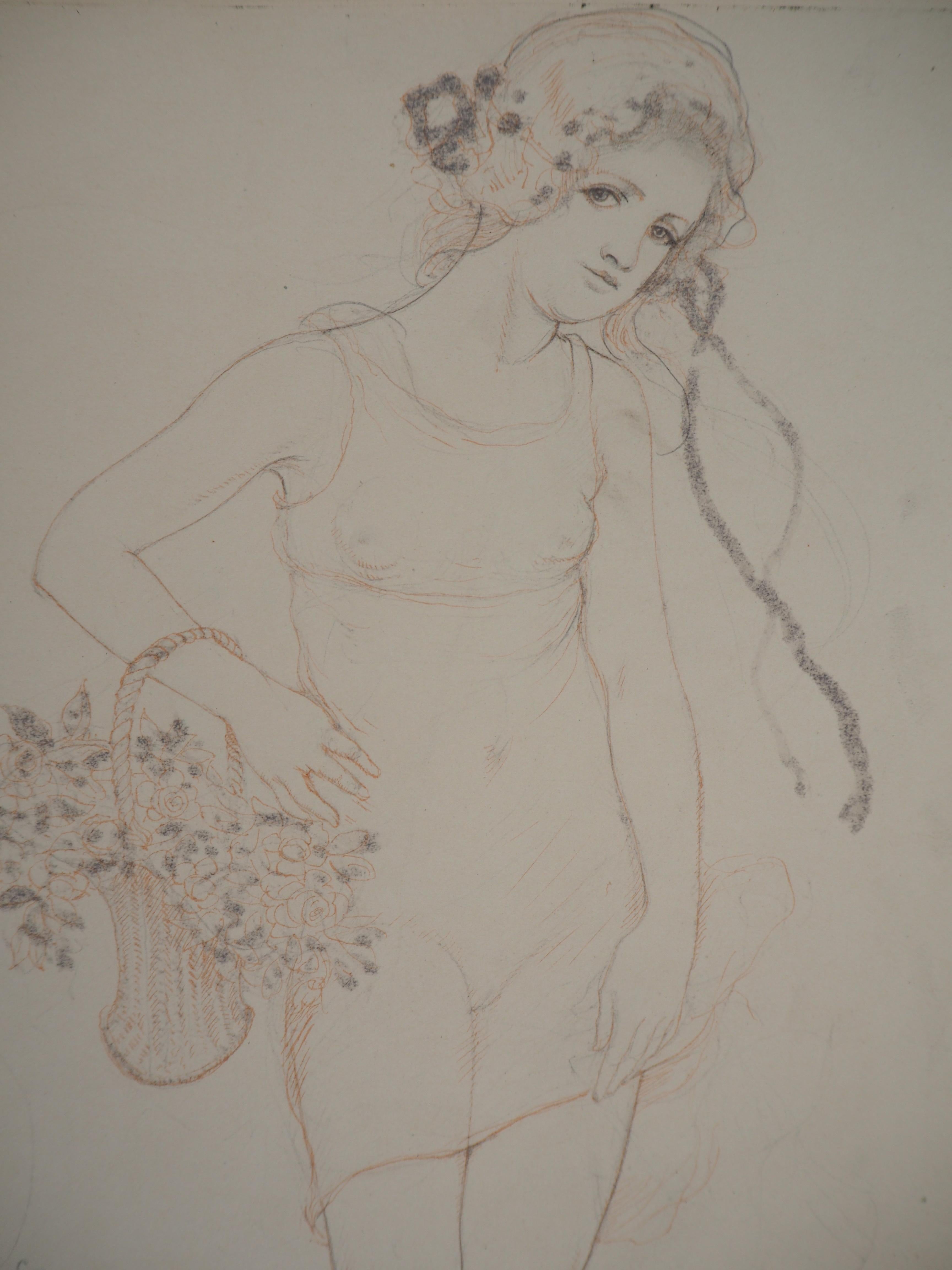 Jeune fille avec des fleurs - dessin original, signé à la main - Gris Figurative Art par Armand Rassenfosse