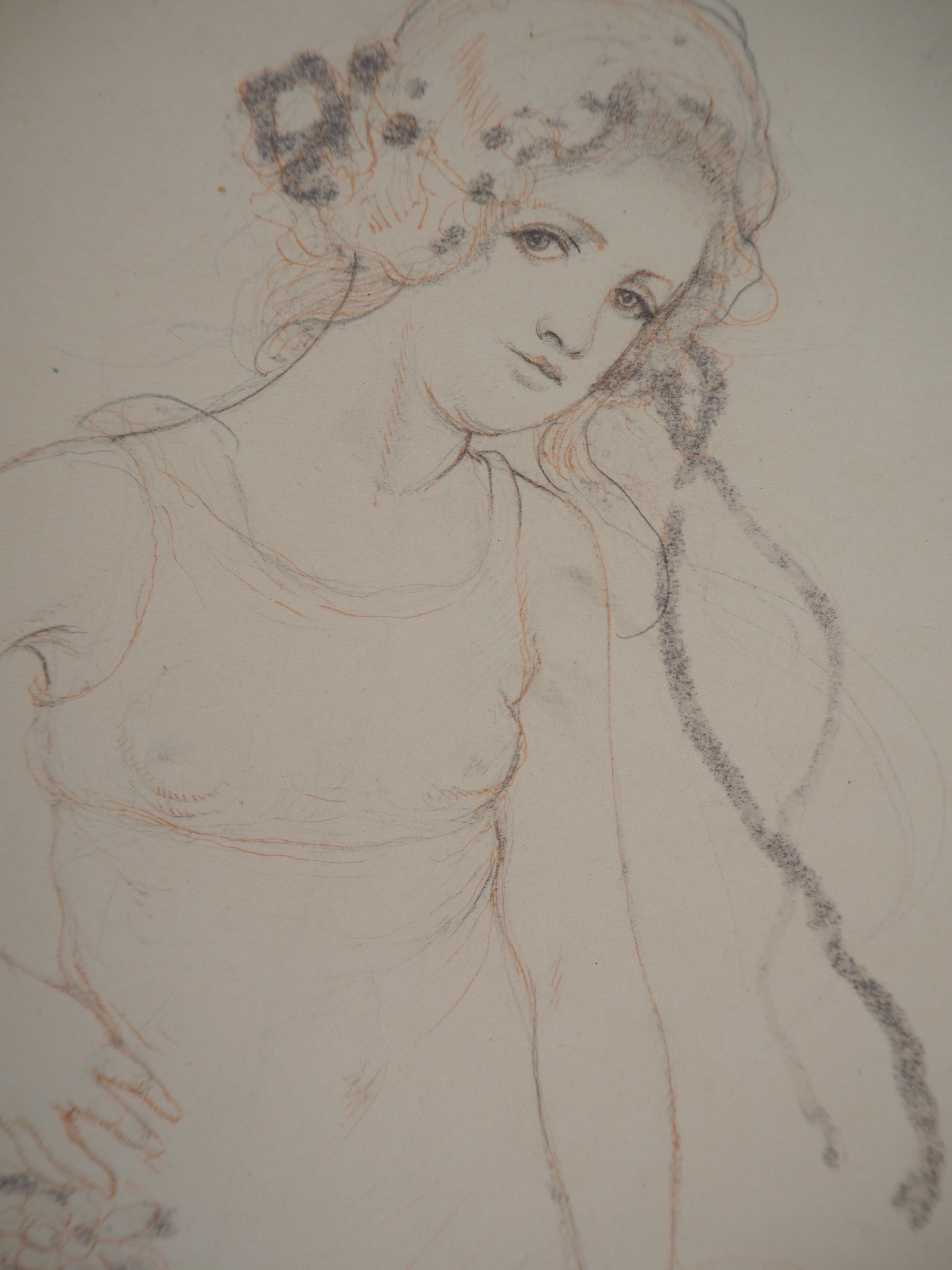 Young Girl with Flowers - Original drawing, Handsigned - Gray Figurative Art by Armand Rassenfosse
