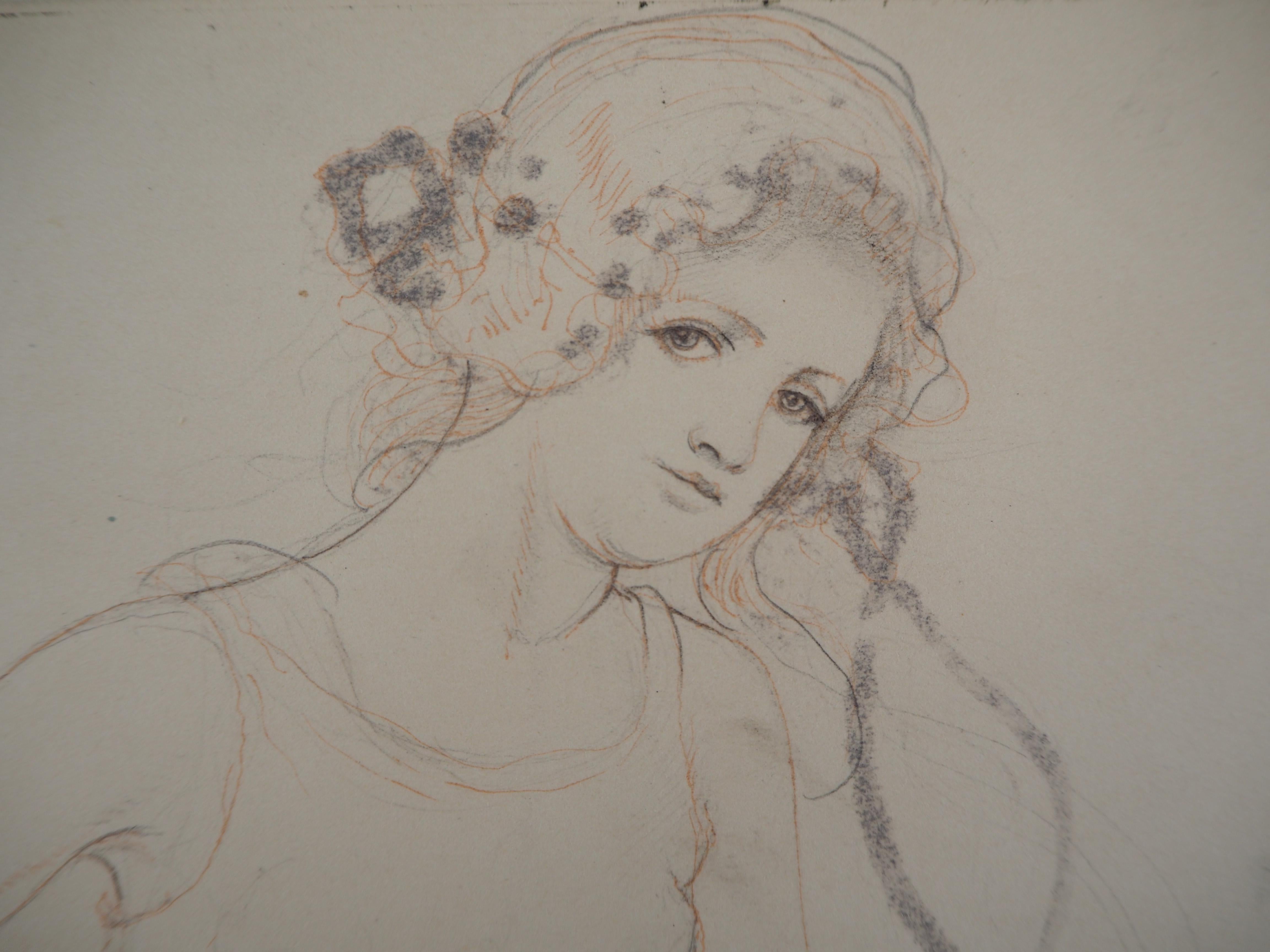 Armand Rassenfosse (1862-1934)
Young Girl with Flowers, 1928

Original pencil drawing with color pencil enhancement 
Signed in the lower left corner
Dated 1928
On paper 20.5 x 18.5 cm (c. 8 x 7 in) mounted on vellum 28 x 25 cm (c. 11 x 10