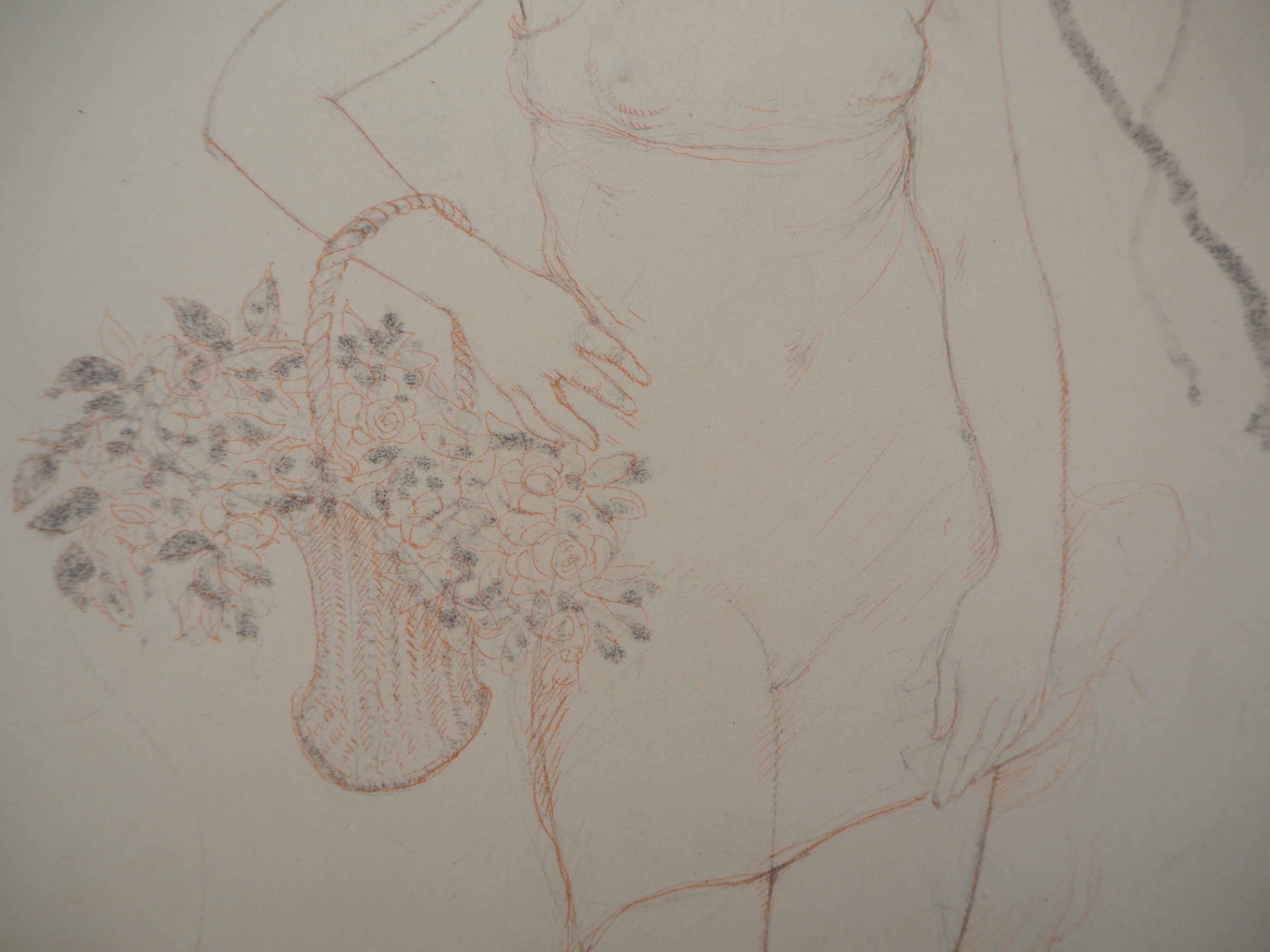 Young Girl with Flowers - Original drawing, Handsigned For Sale 1