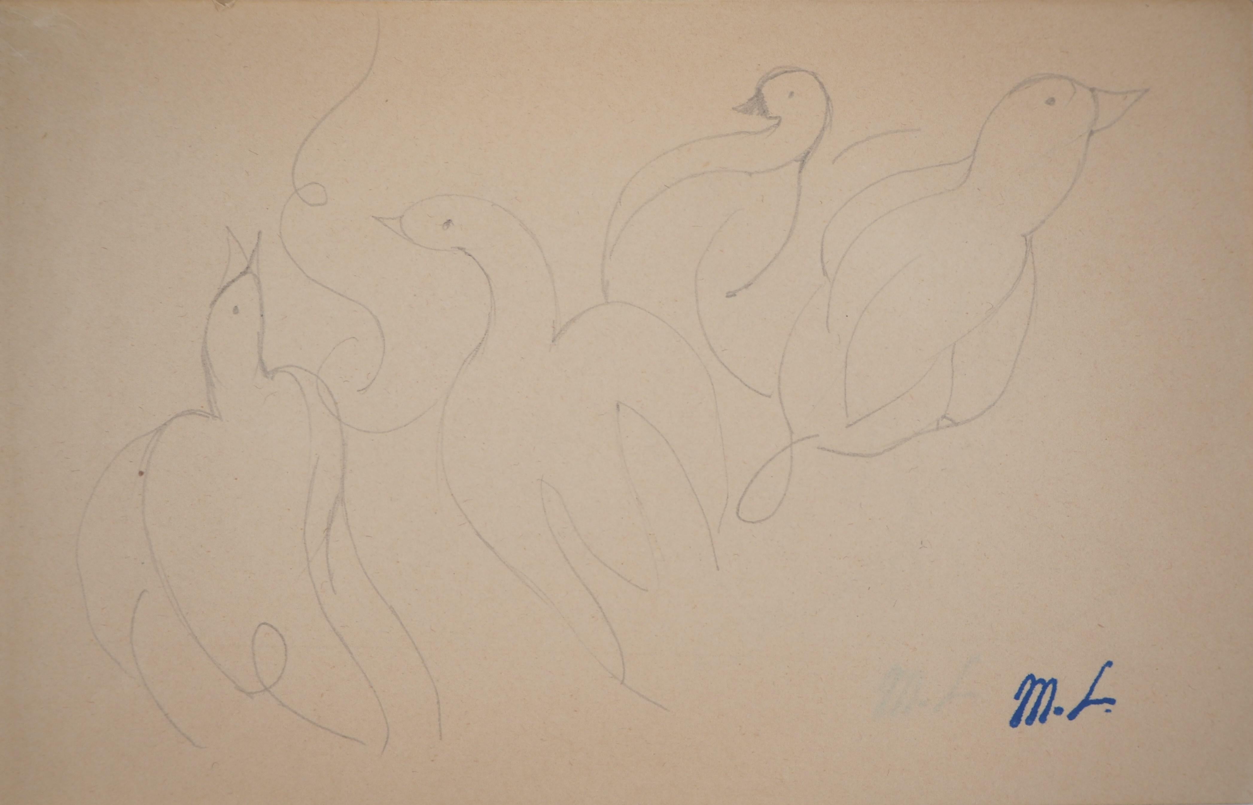 Marie Laurencin Animal Art – Art Deco Gänseblümchen und Enten - Original Bleistiftzeichnung