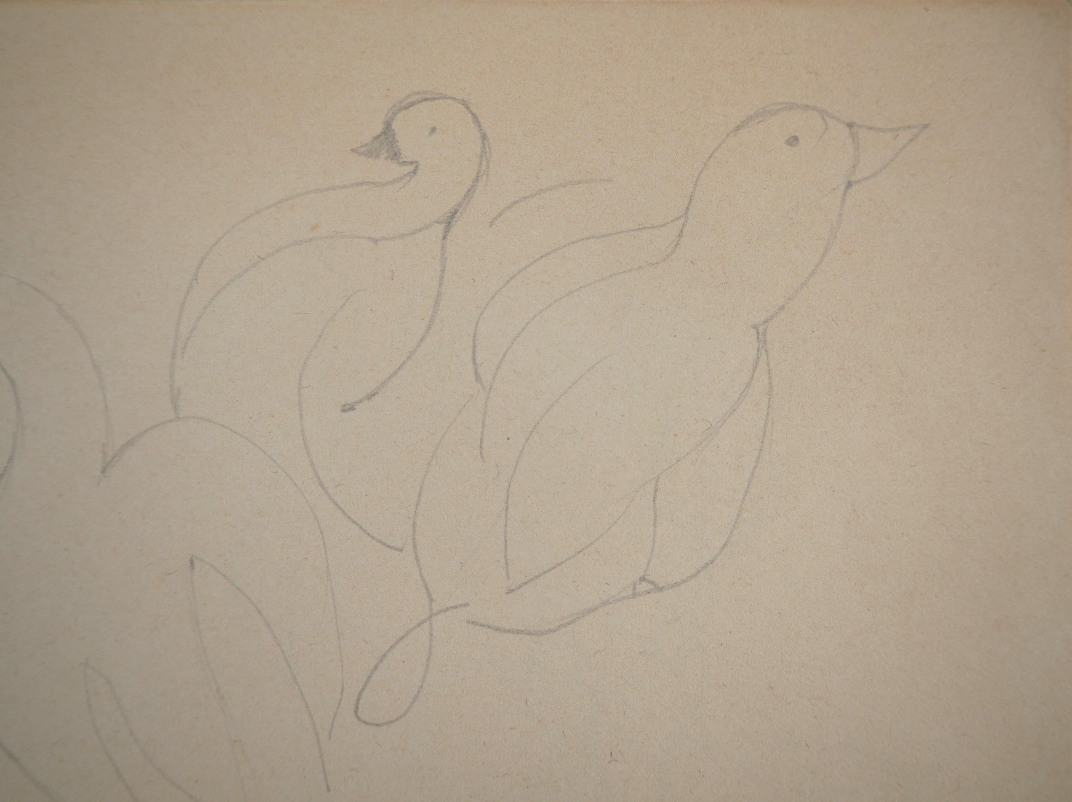 Art Deco Gänseblümchen und Enten - Original Bleistiftzeichnung im Angebot 2