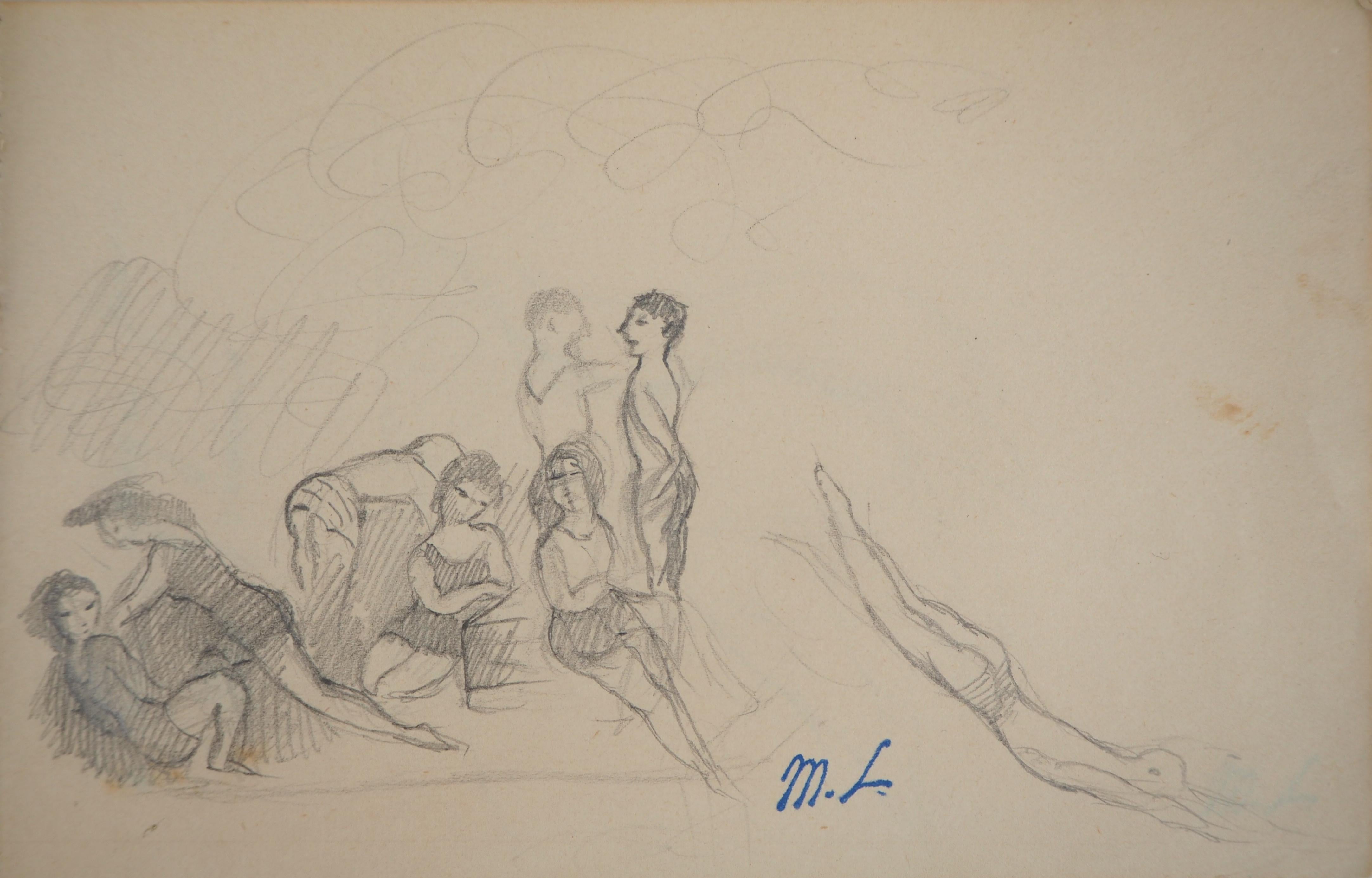 Summer : Girls and Boys at the Beach (Été : filles et garçons à la plage), dessin original au crayon
