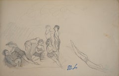 Summer : Girls and Boys at the Beach - Original pencil drawing