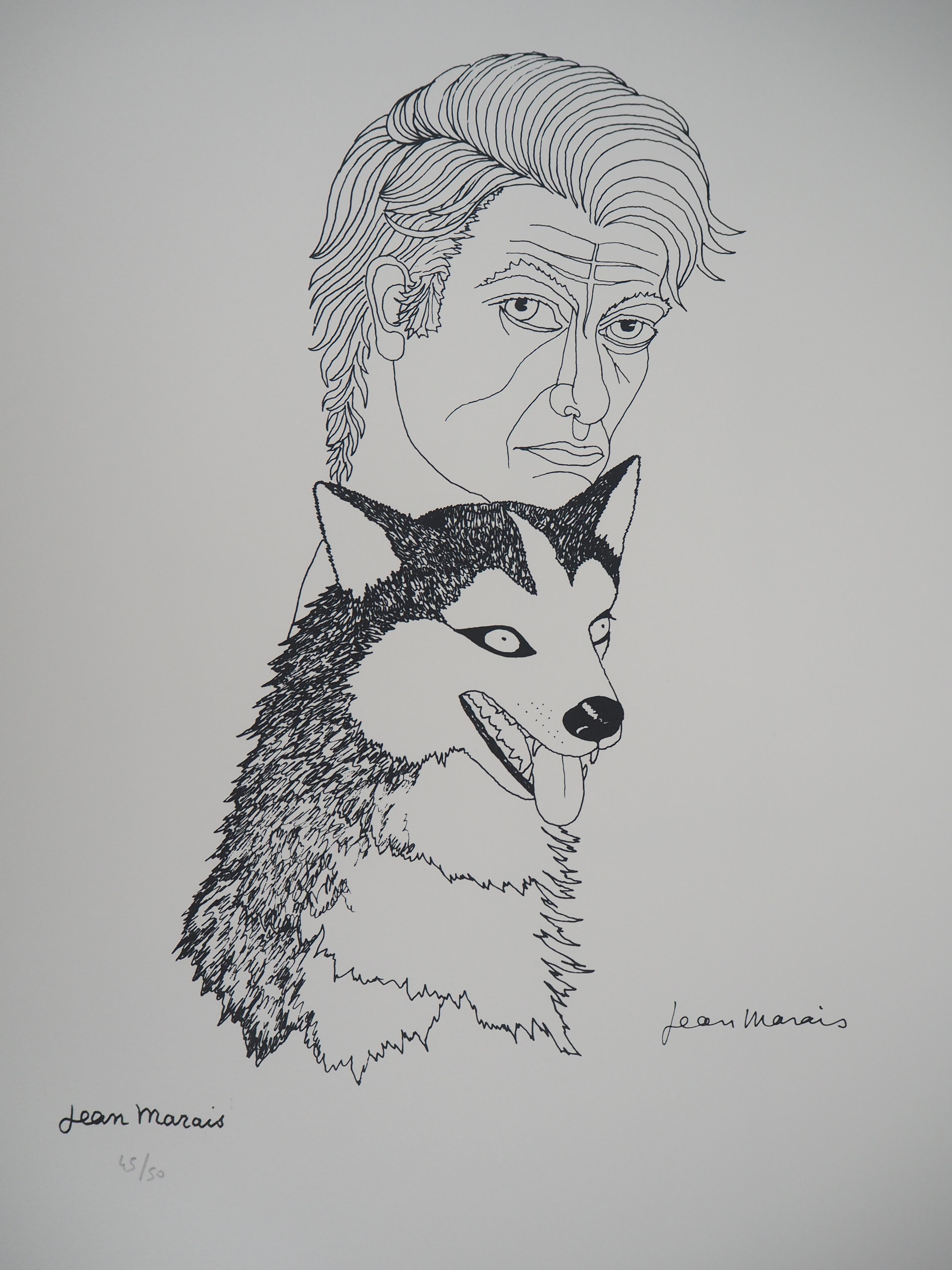 Selfportrait with a Husky Dog - Lithograph, Ltd 50 copies - Print by Jean Marais