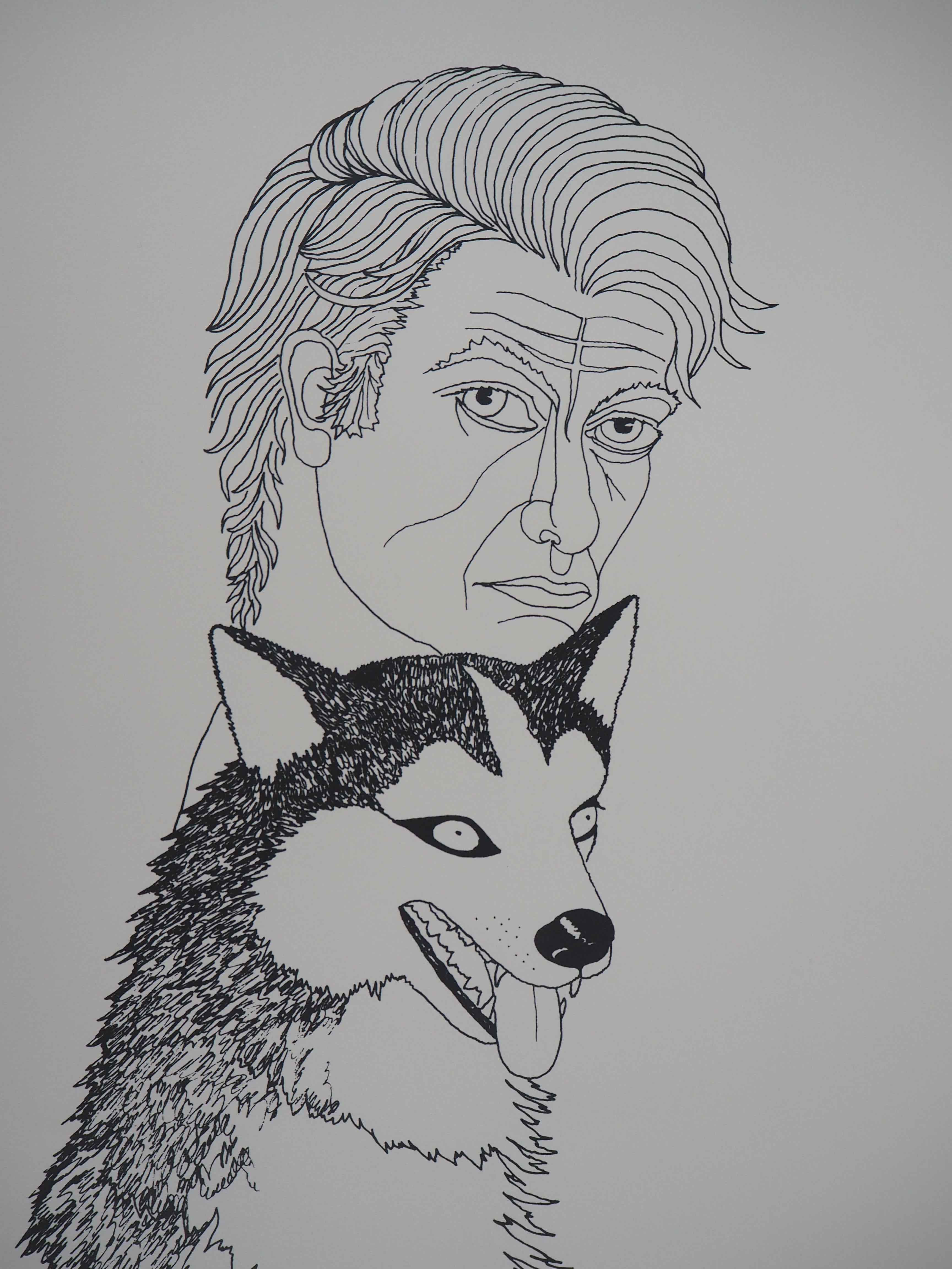 Selfportrait with a Husky Dog - Lithograph, Ltd 50 copies - Modern Print by Jean Marais