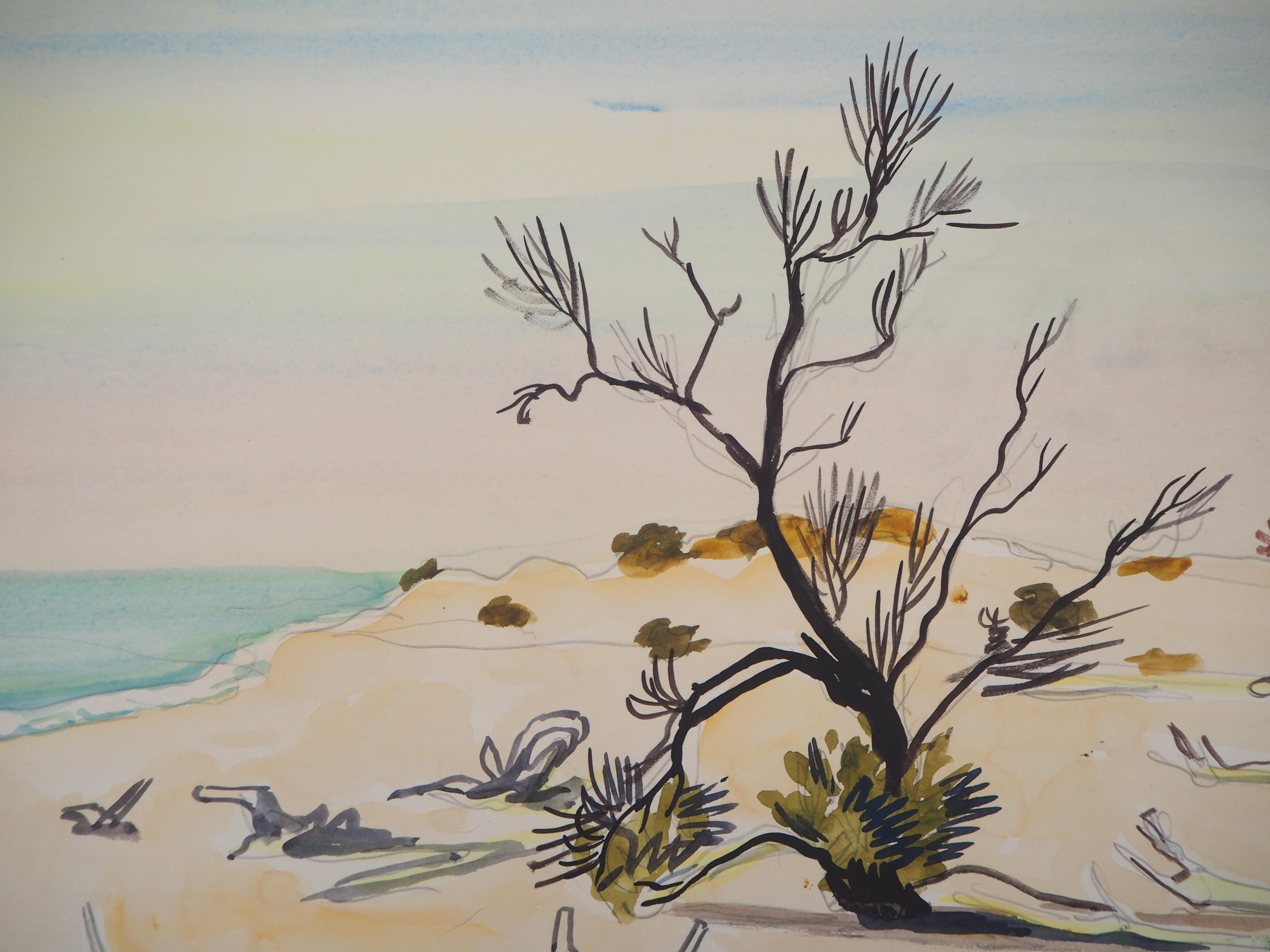 Nature : Wild Beach - Original watercolor, Handsigned - Beige Landscape Art by Yves Brayer